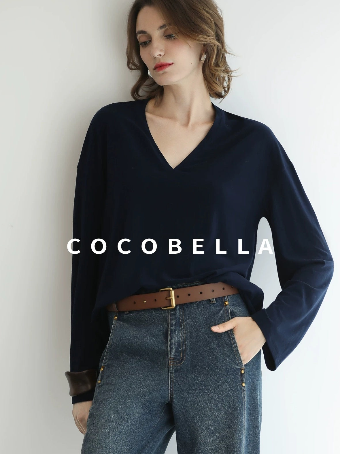COCOBELLA Minimalist Brushed V Neck Loose Fit Long Sleeve Anti Static Women Shirts
