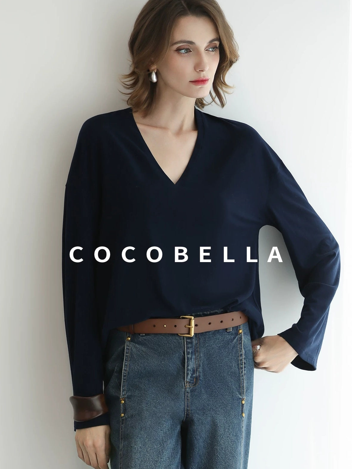 COCOBELLA Minimalist Brushed V Neck Loose Fit Long Sleeve Anti Static Women Shirts