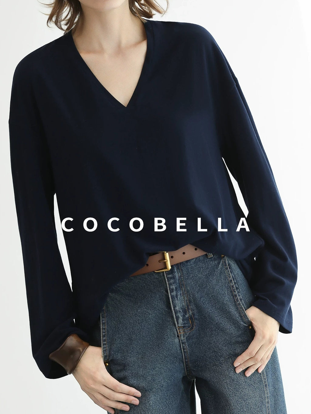 COCOBELLA Minimalist Brushed V Neck Loose Fit Long Sleeve Anti Static Women Shirts