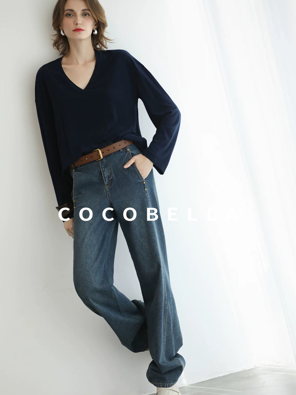 COCOBELLA Minimalist Brushed V Neck Loose Fit Long Sleeve Anti Static Women Shirts