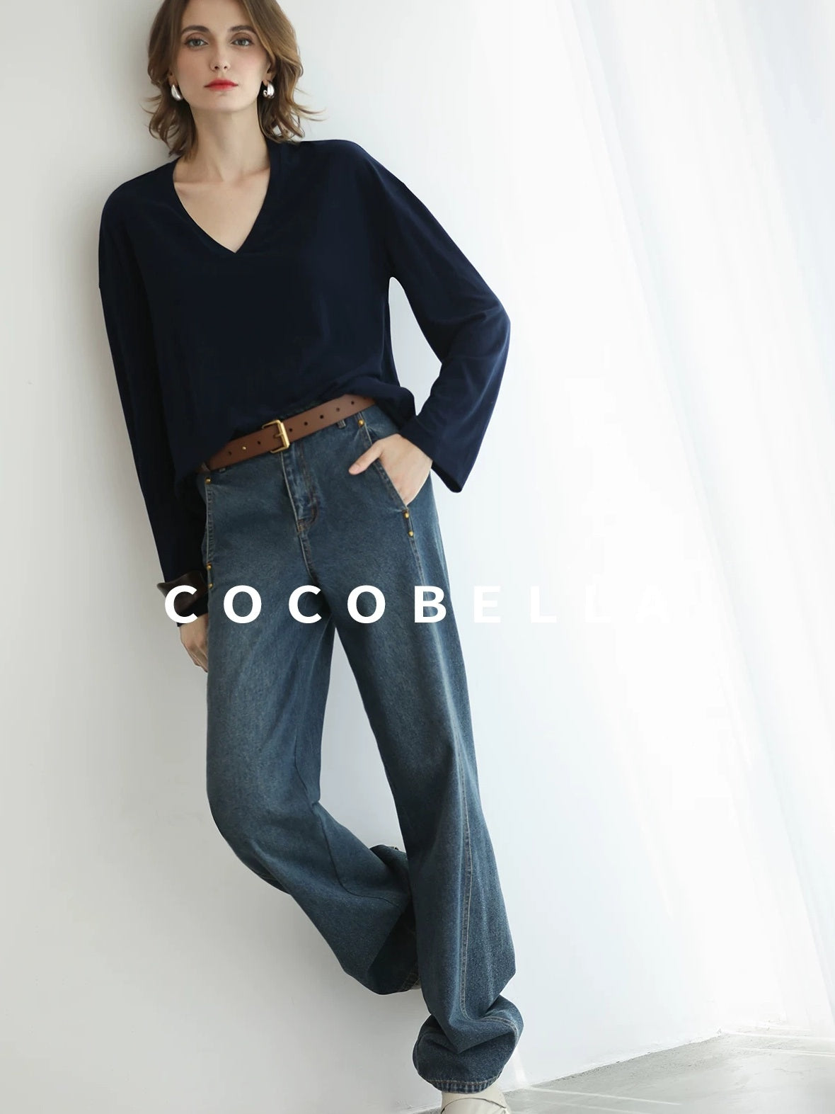 COCOBELLA Minimalist Brushed V Neck Loose Fit Long Sleeve Anti Static Women Shirts