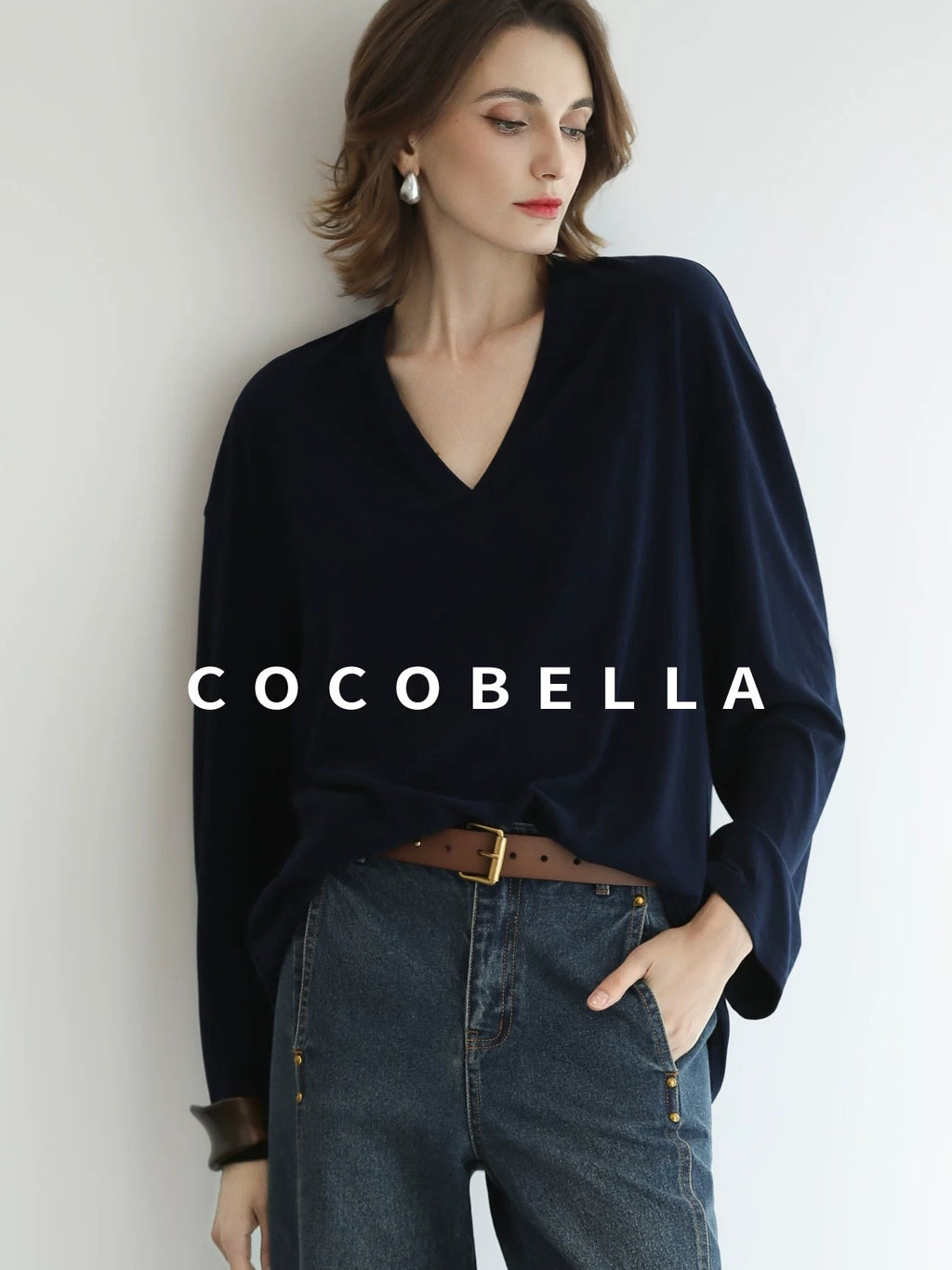 COCOBELLA Minimalist Brushed V Neck Loose Fit Long Sleeve Anti Static Women Shirts