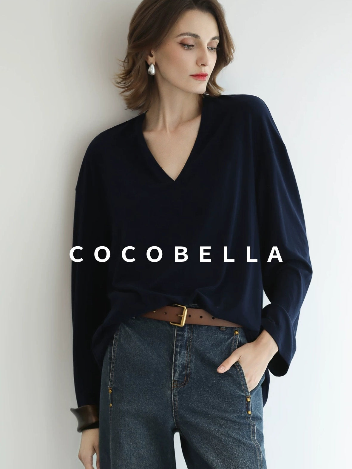COCOBELLA Minimalist Brushed V Neck Loose Fit Long Sleeve Anti Static Women Shirts
