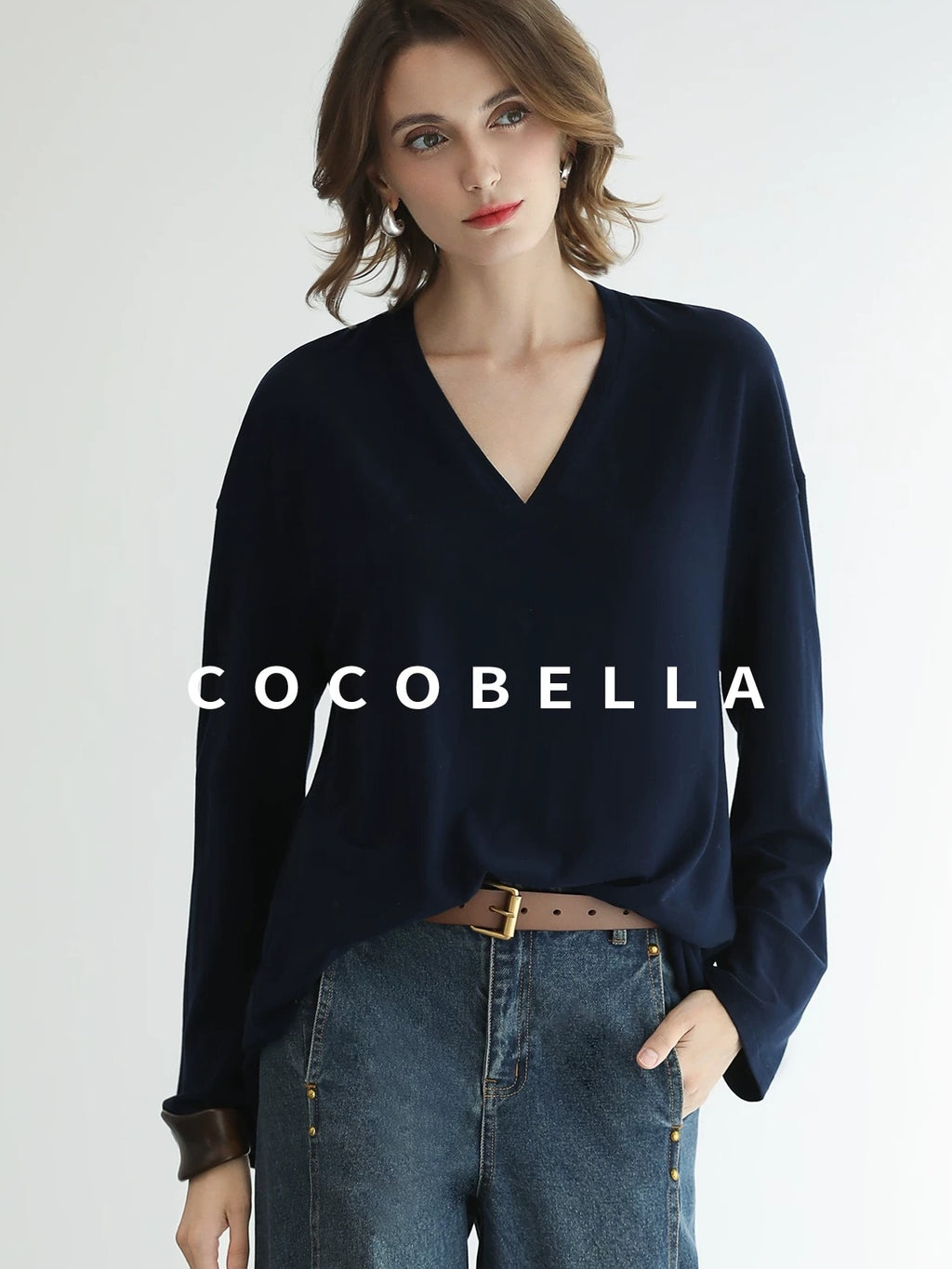 COCOBELLA Minimalist Brushed V Neck Loose Fit Long Sleeve Anti Static Women Shirts