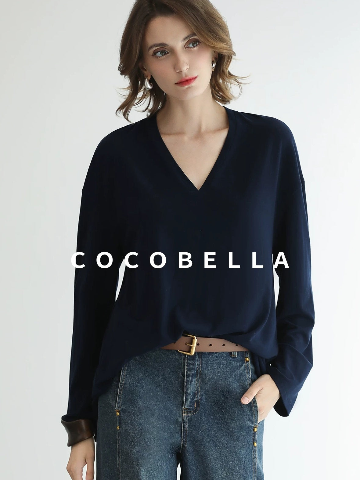 COCOBELLA Minimalist Brushed V Neck Loose Fit Long Sleeve Anti Static Women Shirts