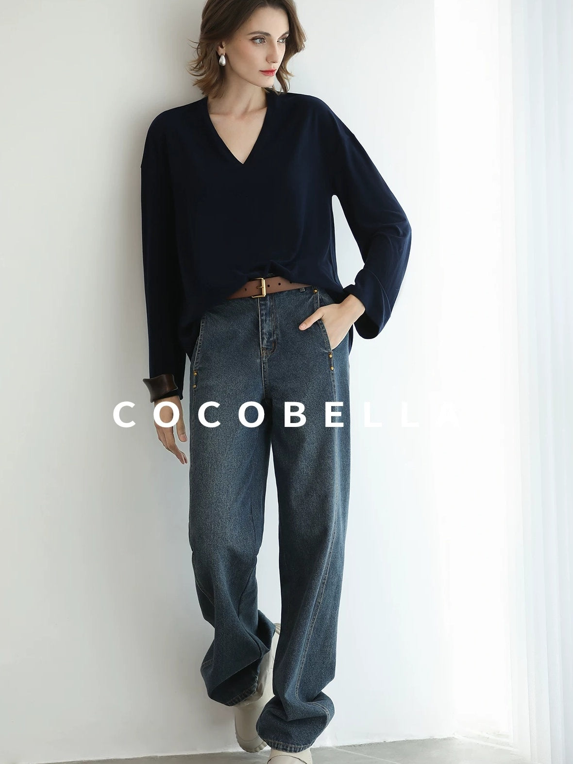 COCOBELLA Minimalist Brushed V Neck Loose Fit Long Sleeve Anti Static Women Shirts