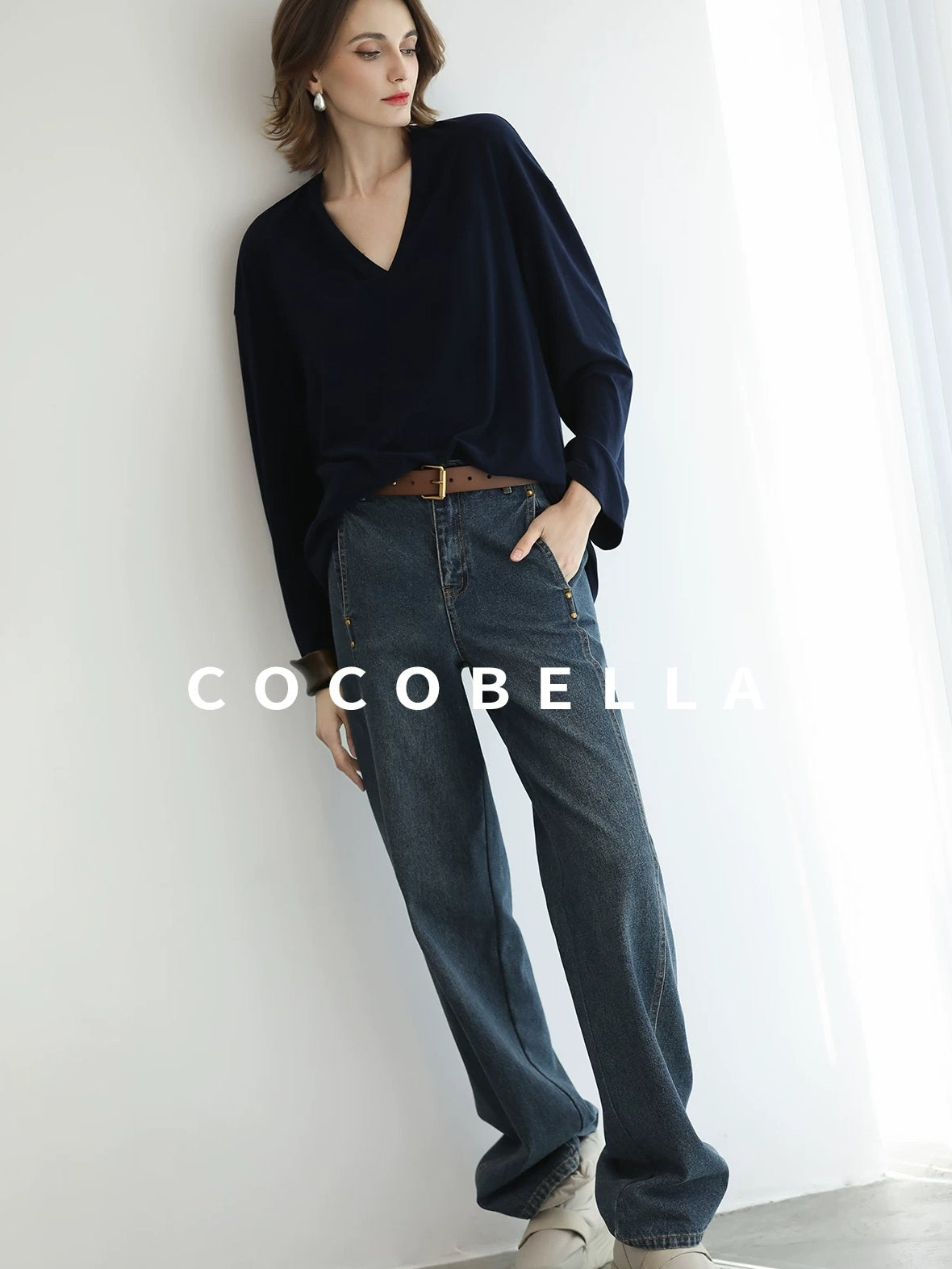 COCOBELLA Minimalist Brushed V Neck Loose Fit Long Sleeve Anti Static Women Shirts