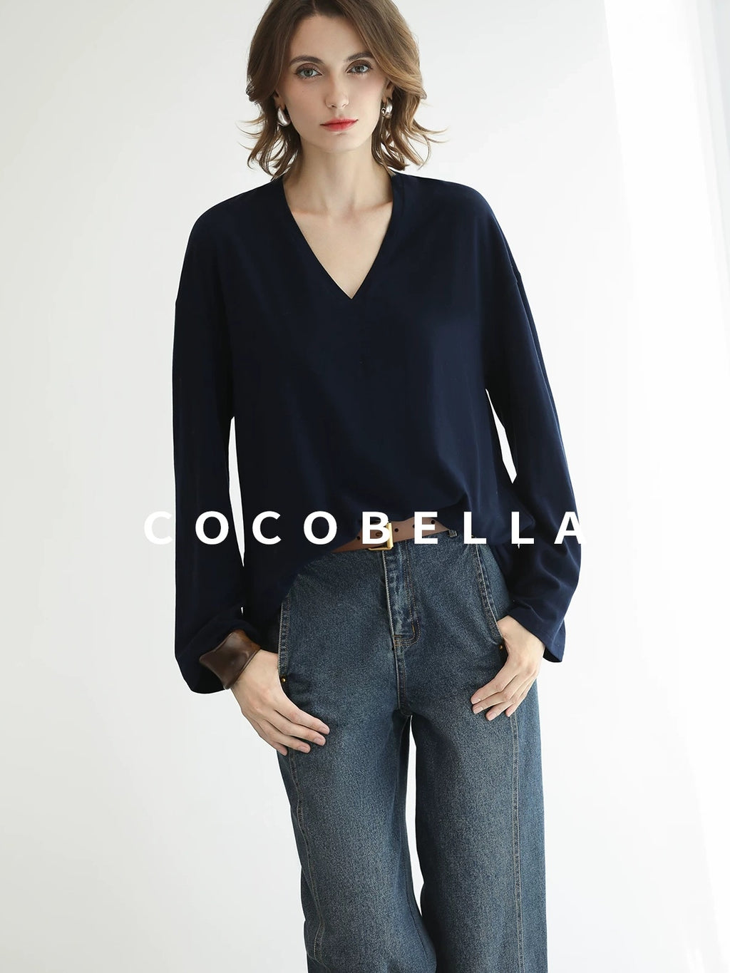 COCOBELLA Minimalist Brushed V Neck Loose Fit Long Sleeve Anti Static Women Shirts