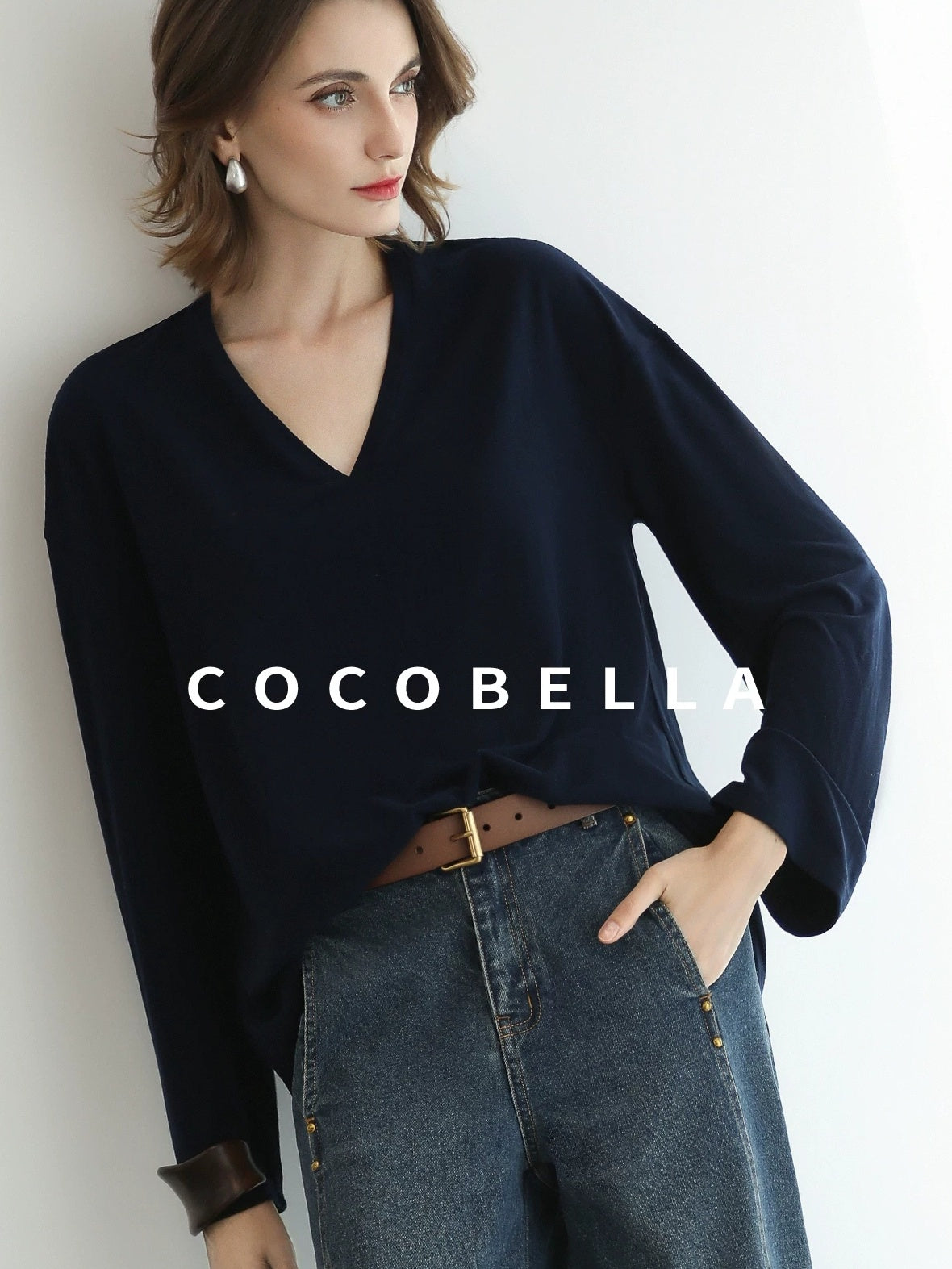 COCOBELLA Minimalist Brushed V Neck Loose Fit Long Sleeve Anti Static Women Shirts