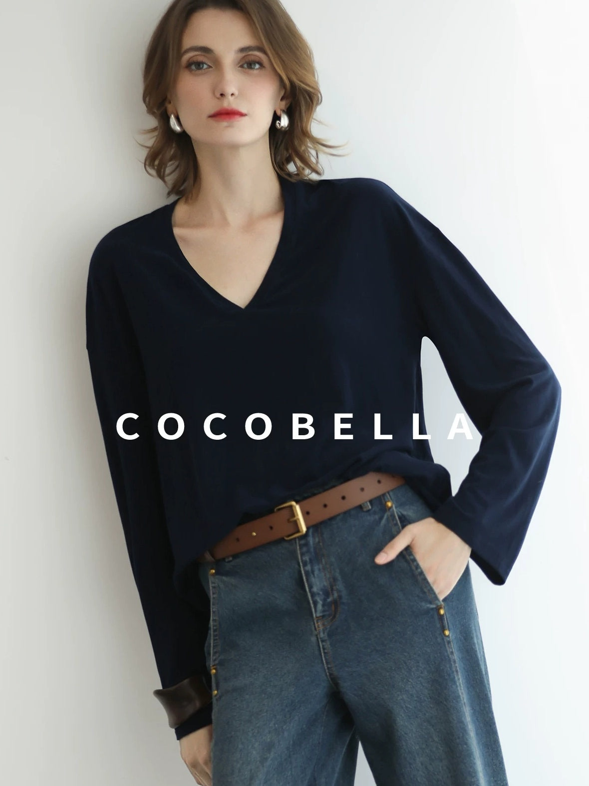 COCOBELLA Minimalist Brushed V Neck Loose Fit Long Sleeve Anti Static Women Shirts