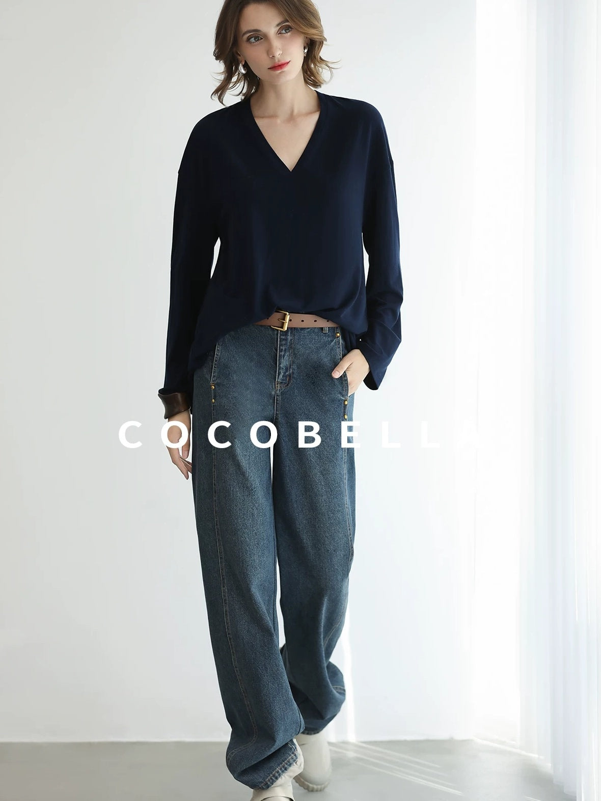 COCOBELLA Minimalist Brushed V Neck Loose Fit Long Sleeve Anti Static Women Shirts