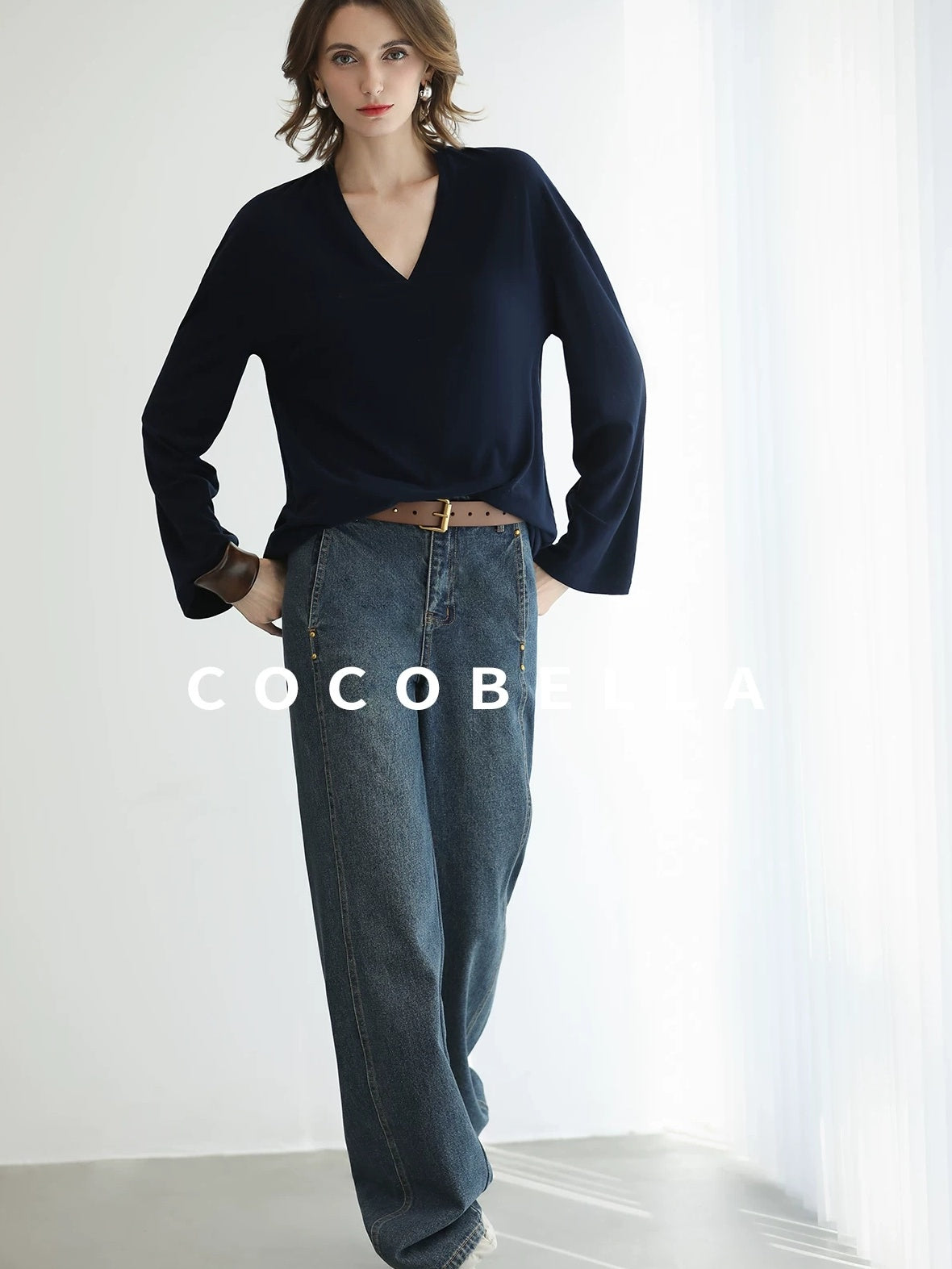 COCOBELLA Minimalist Brushed V Neck Loose Fit Long Sleeve Anti Static Women Shirts