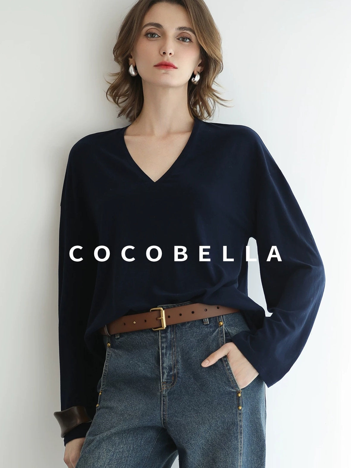 COCOBELLA Minimalist Brushed V Neck Loose Fit Long Sleeve Anti Static Women Shirts