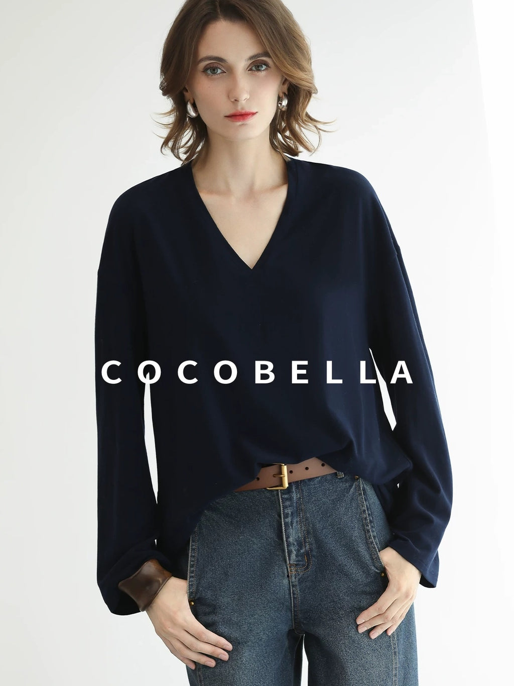 COCOBELLA Minimalist Brushed V Neck Loose Fit Long Sleeve Anti Static Women Shirts