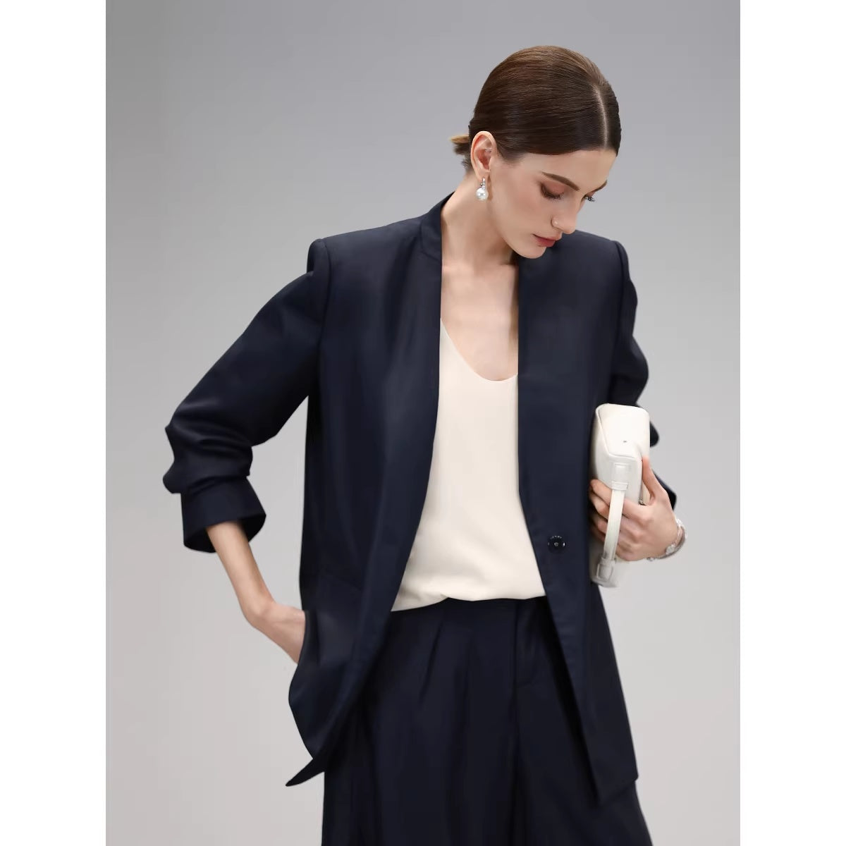 COCOBELLA_Minimalist_Collarless_Straight_Vneck_Women_Office_Deep_Sea_Blue_Blazers_MISSTT