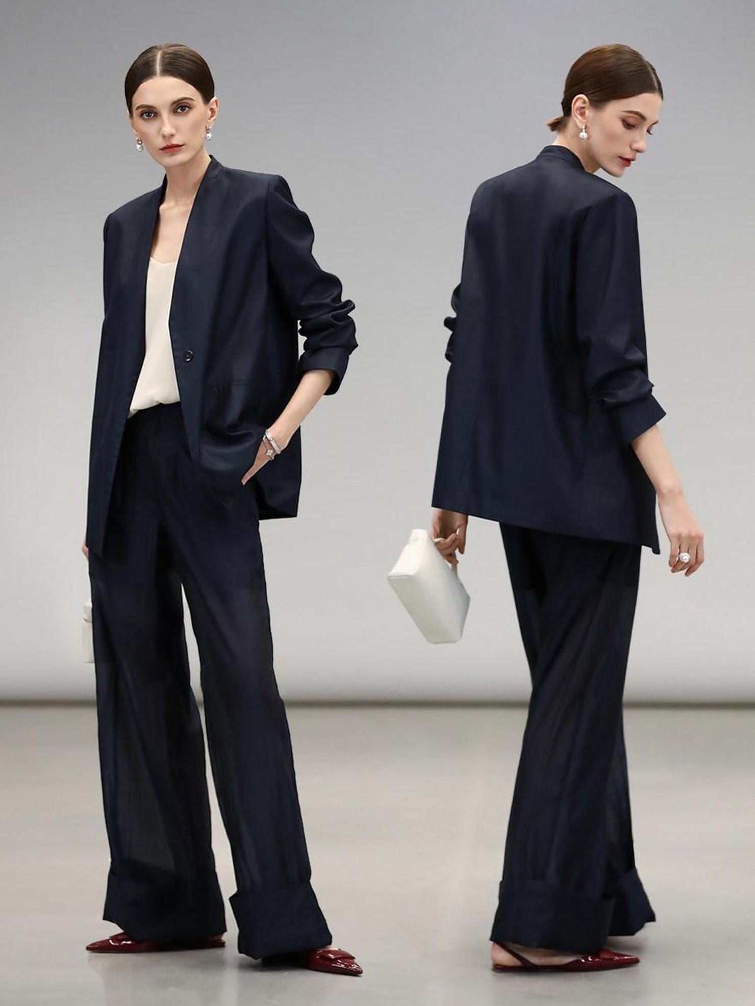 COCOBELLA Minimalist Collarless Straight Vneck Women Office Deep Sea Blue Blazers