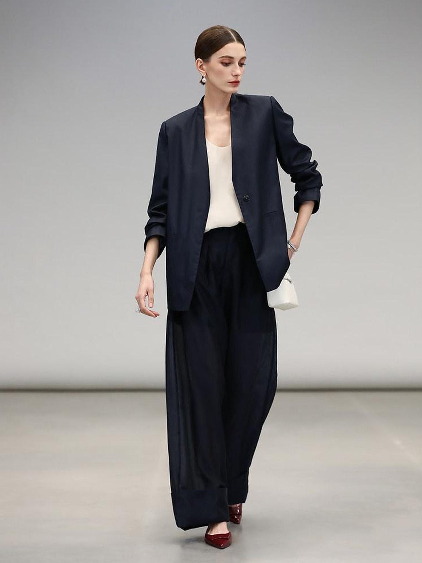 COCOBELLA Minimalist Collarless Straight Vneck Women Office Deep Sea Blue Blazers