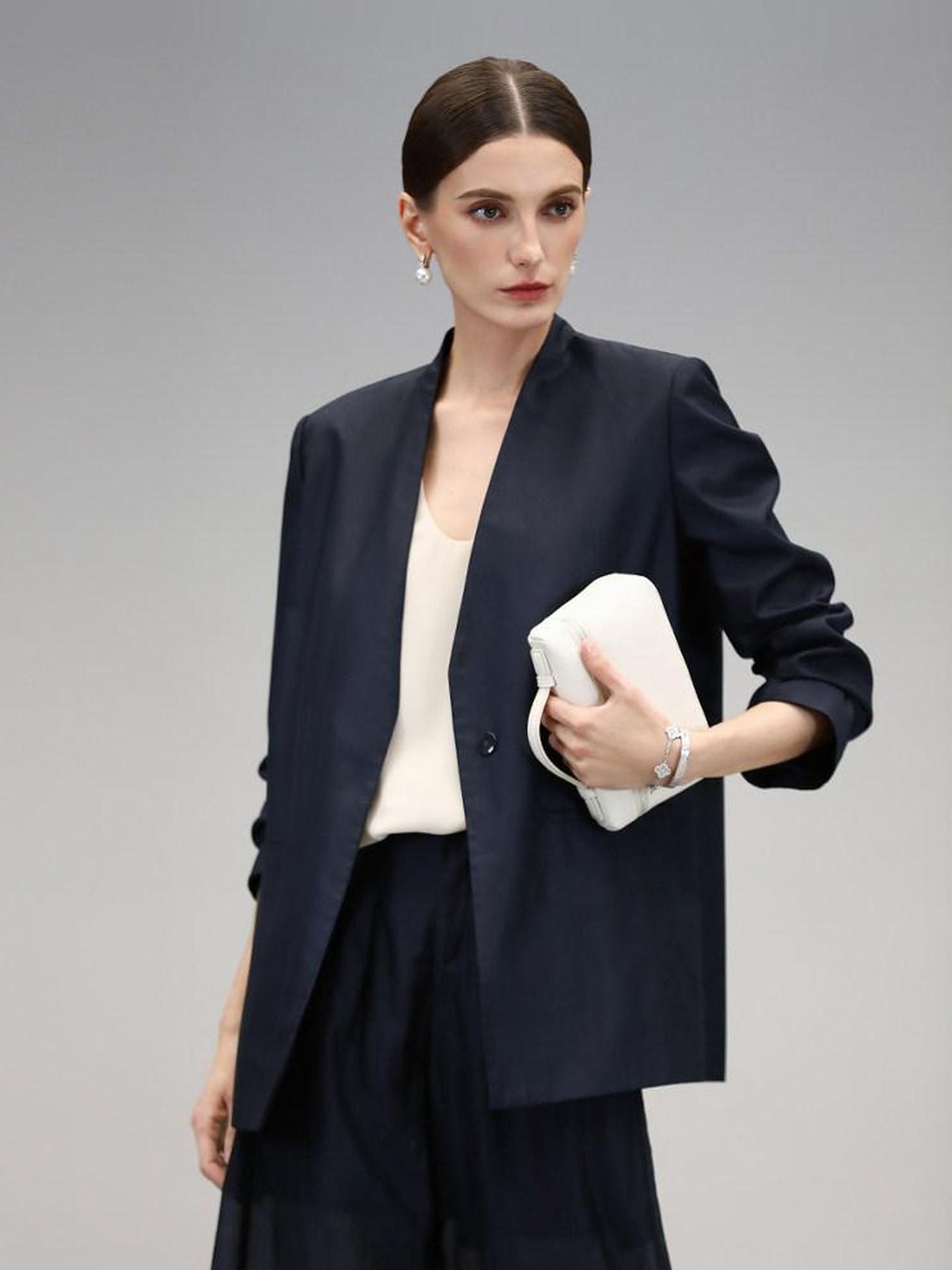 COCOBELLA Minimalist Collarless Straight Vneck Women Office Deep Sea Blue Blazers