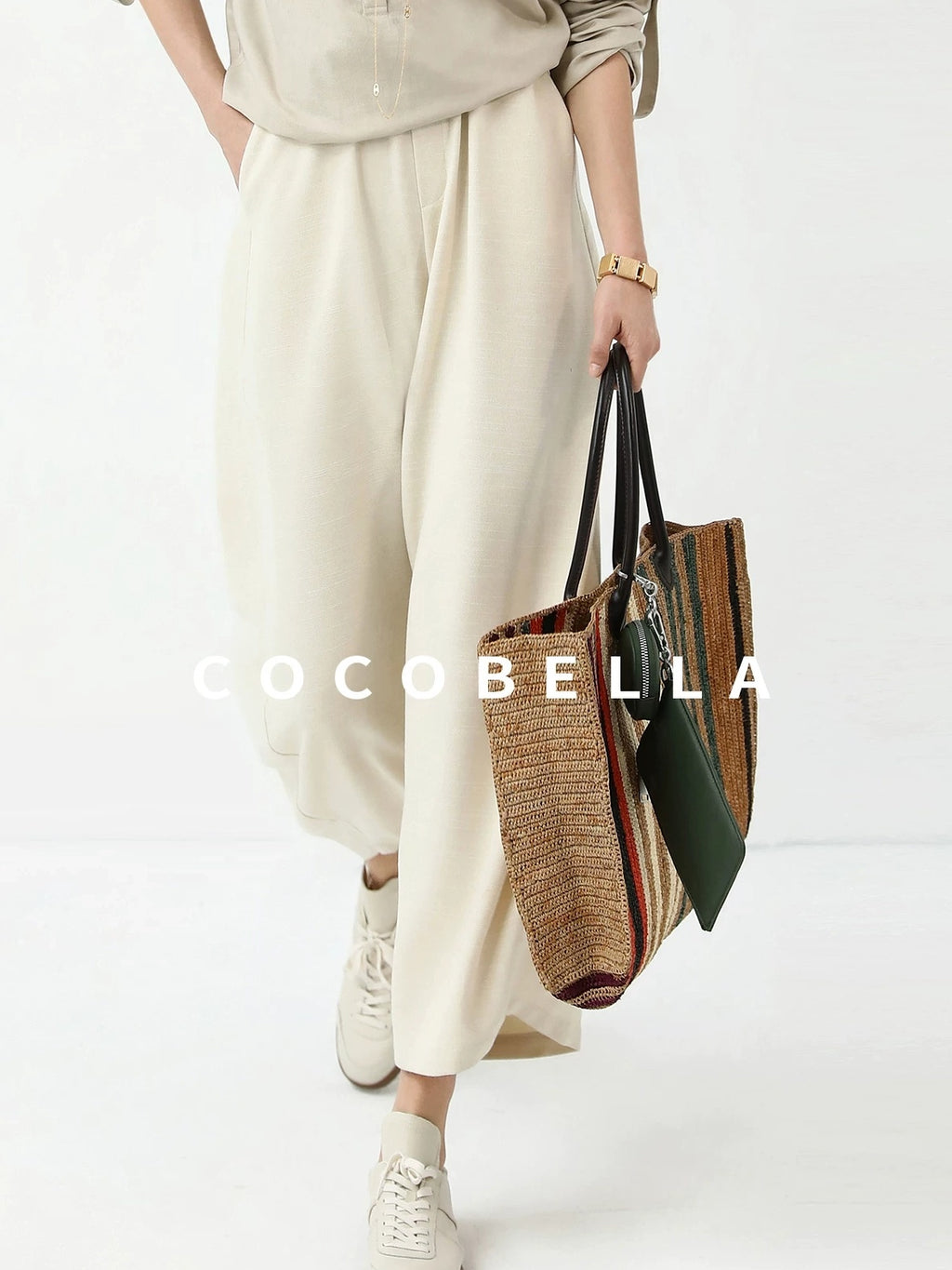 COCOBELLA Minimalist Office Natural Waist Wide Leg Loose Fit Black Almond Polyester Pants