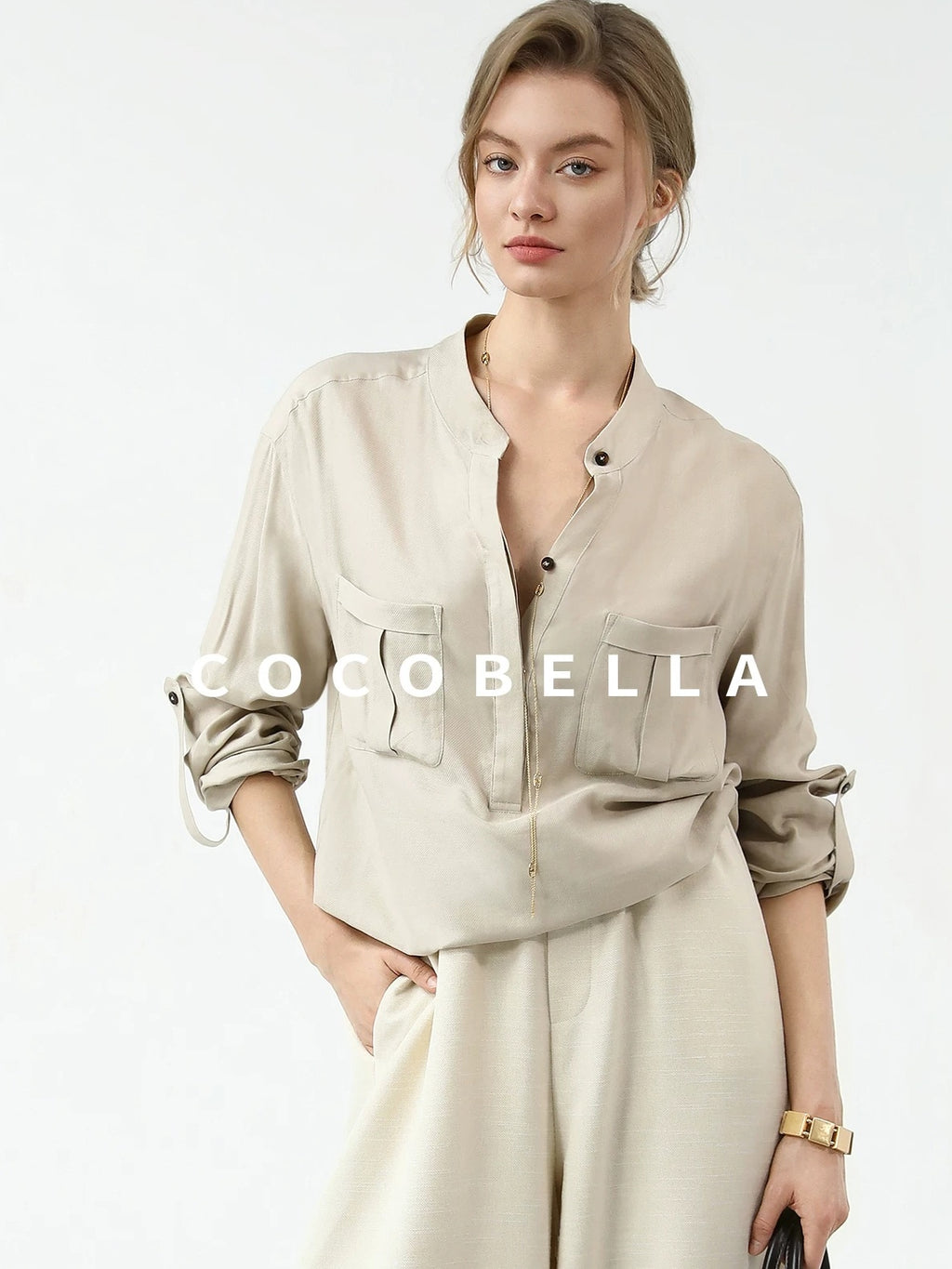 COCOBELLA Minimalist Office Natural Waist Wide Leg Loose Fit Black Almond Polyester Pants