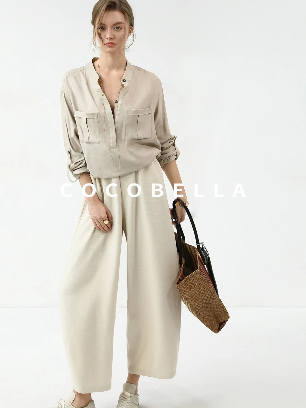 COCOBELLA Minimalist Office Natural Waist Wide Leg Loose Fit Black Almond Polyester Pants