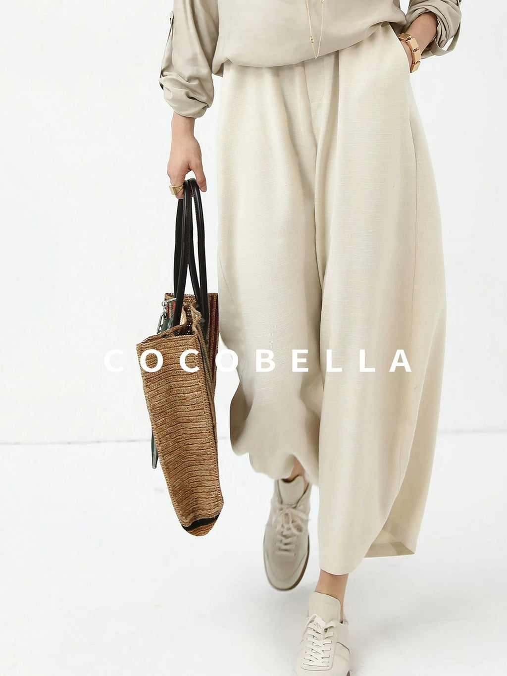 COCOBELLA Minimalist Office Natural Waist Wide Leg Loose Fit Black Almond Polyester Pants