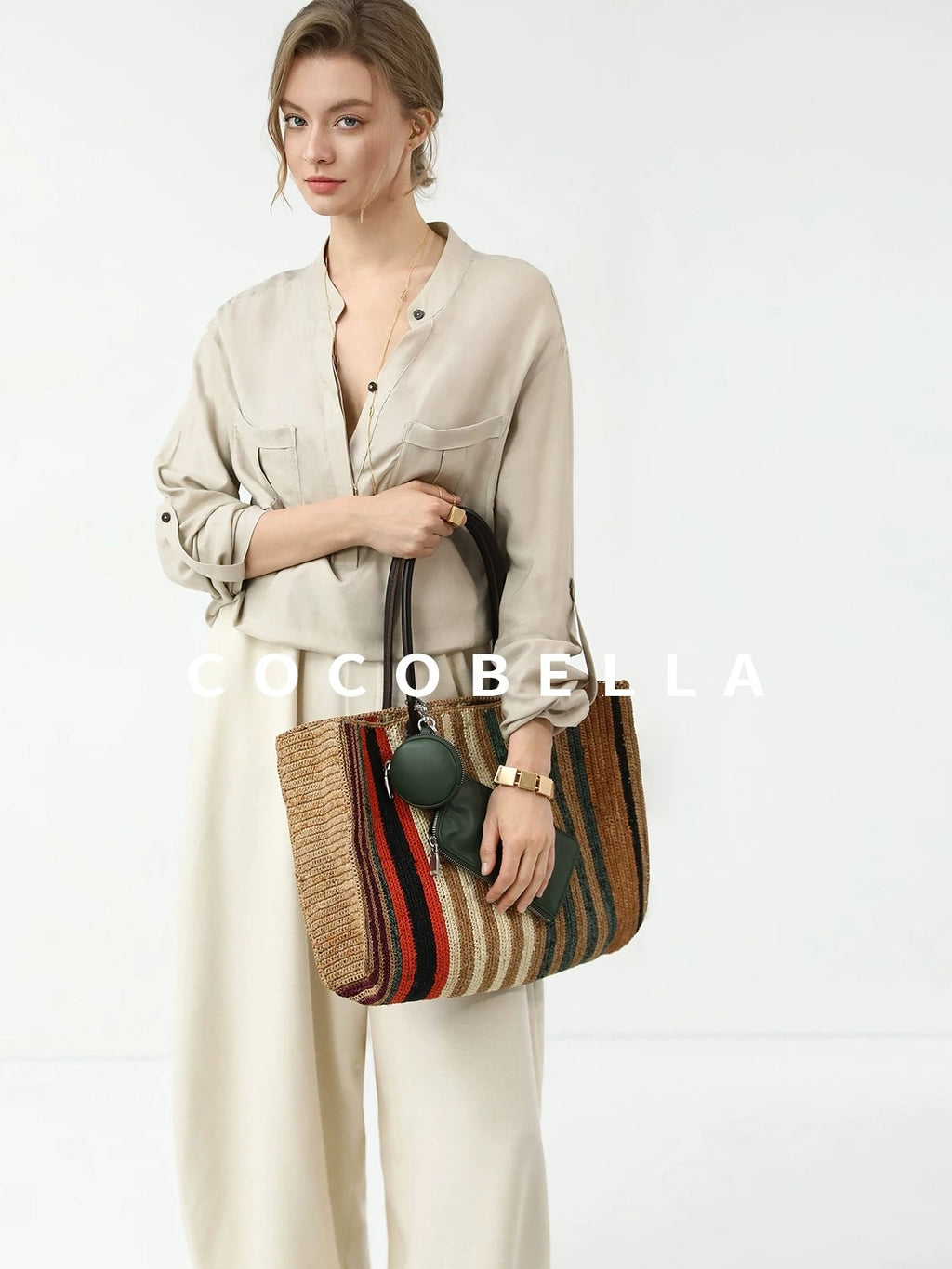 COCOBELLA Minimalist Office Natural Waist Wide Leg Loose Fit Black Almond Polyester Pants