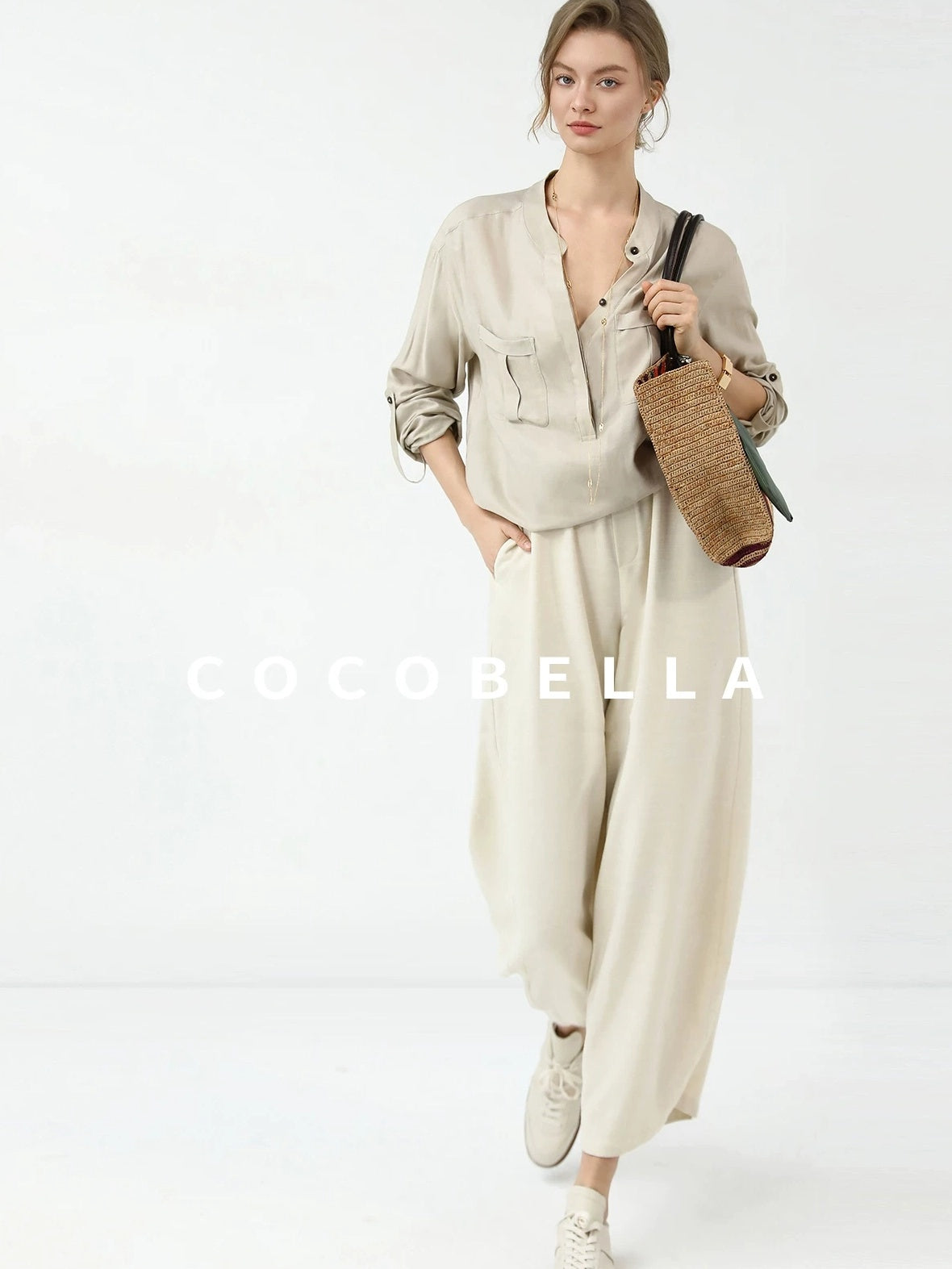 COCOBELLA Minimalist Office Natural Waist Wide Leg Loose Fit Black Almond Polyester Pants