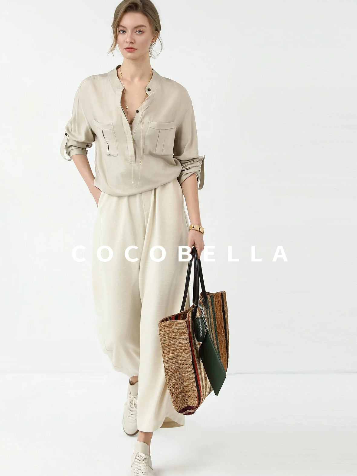 COCOBELLA Minimalist Office Natural Waist Wide Leg Loose Fit Black Almond Polyester Pants