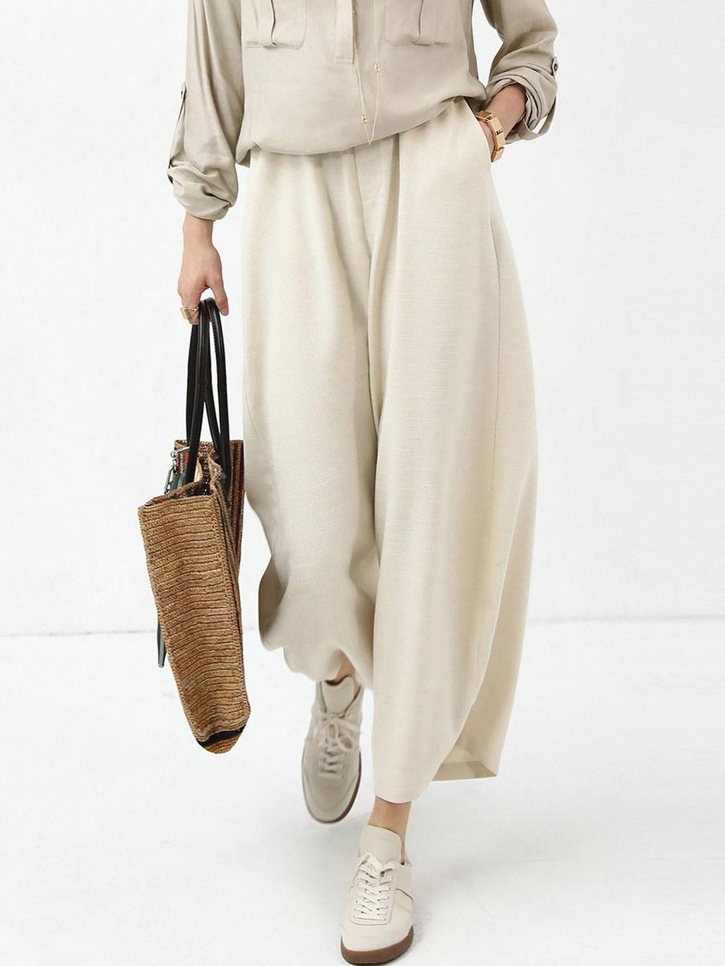 COCOBELLA Minimalist Office Natural Waist Wide Leg Loose Fit Black Almond Polyester Pants