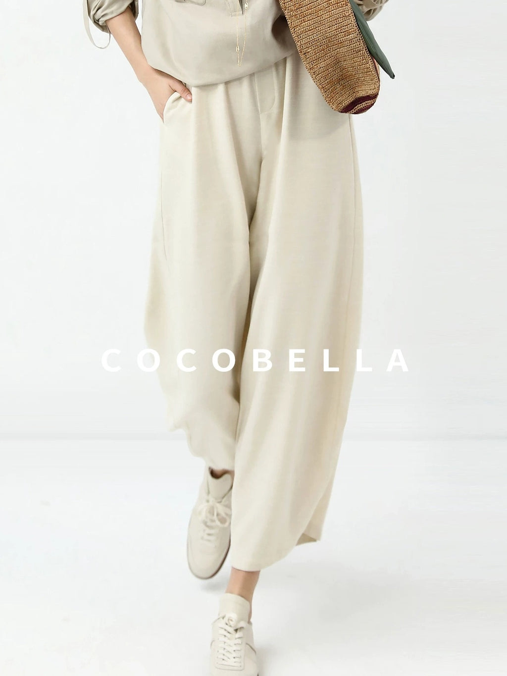 COCOBELLA Minimalist Office Natural Waist Wide Leg Loose Fit Black Almond Polyester Pants