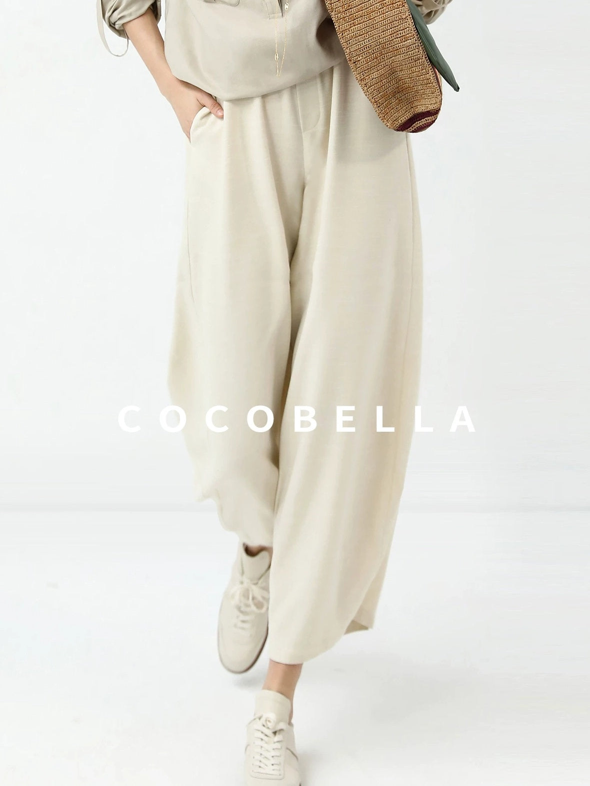 COCOBELLA Minimalist Office Natural Waist Wide Leg Loose Fit Black Almond Polyester Pants