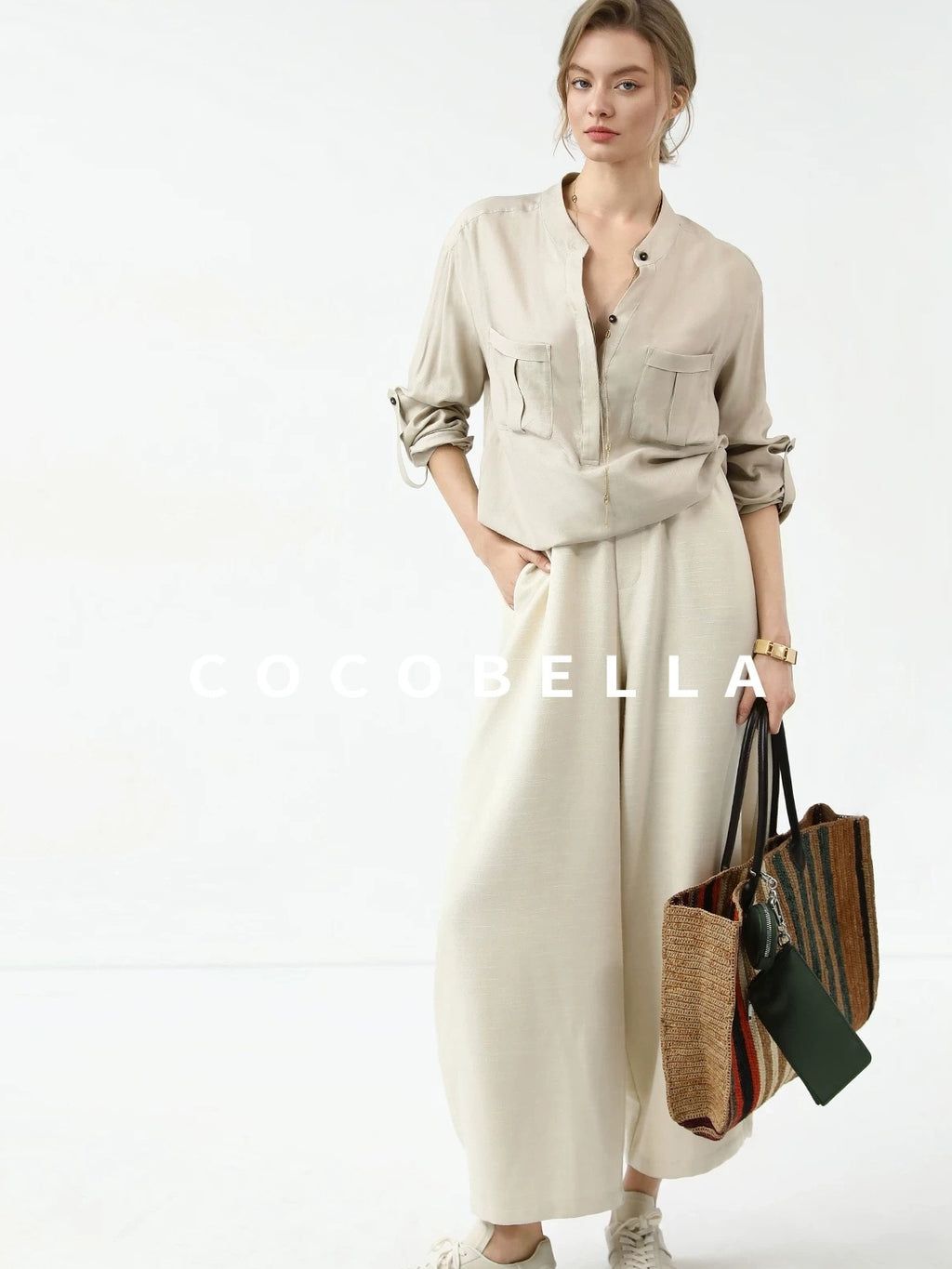 COCOBELLA Minimalist Office Natural Waist Wide Leg Loose Fit Black Almond Polyester Pants