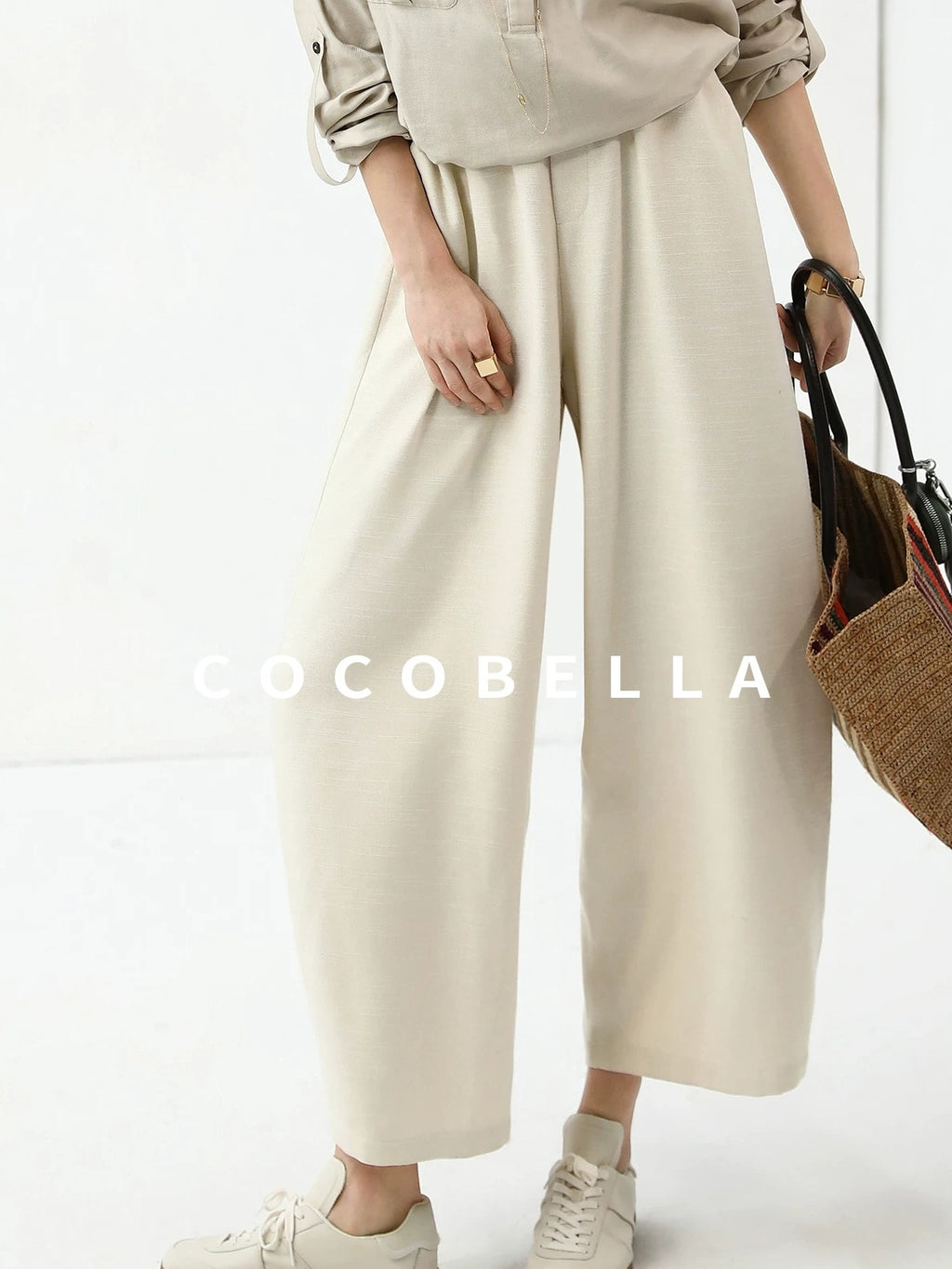 COCOBELLA Minimalist Office Natural Waist Wide Leg Loose Fit Black Almond Polyester Pants