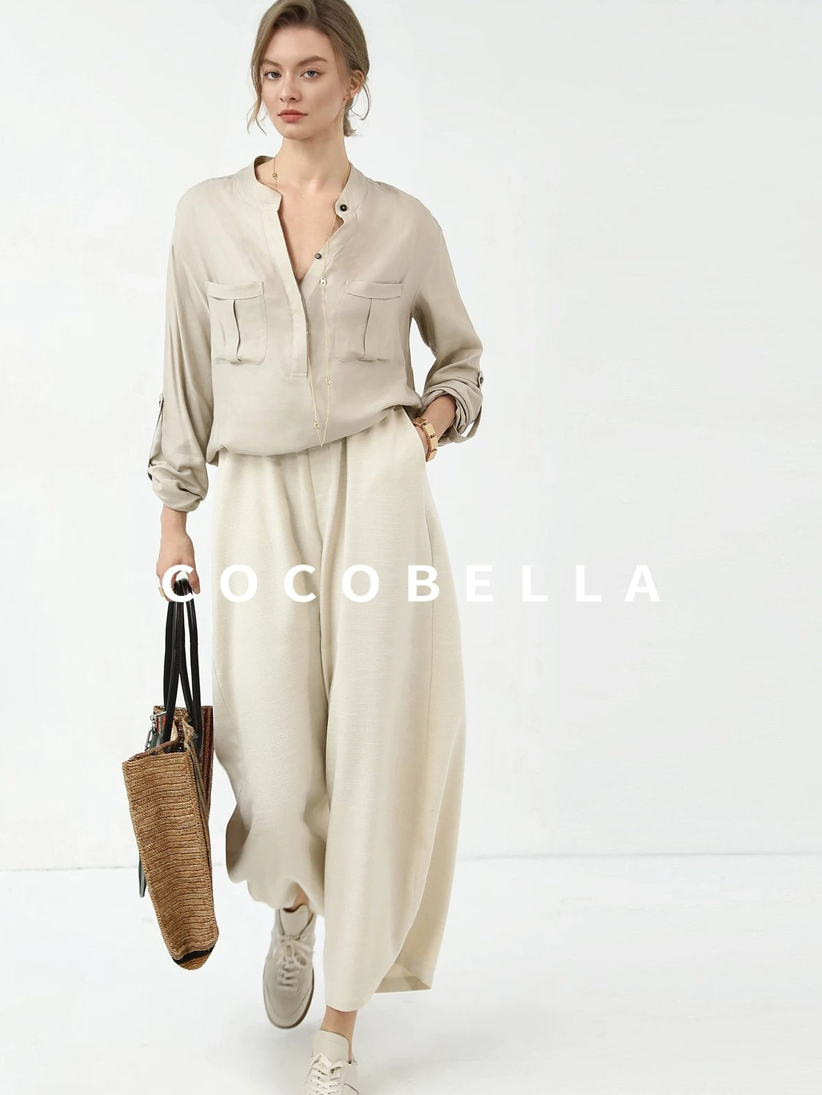 COCOBELLA Minimalist Office Natural Waist Wide Leg Loose Fit Black Almond Polyester Pants