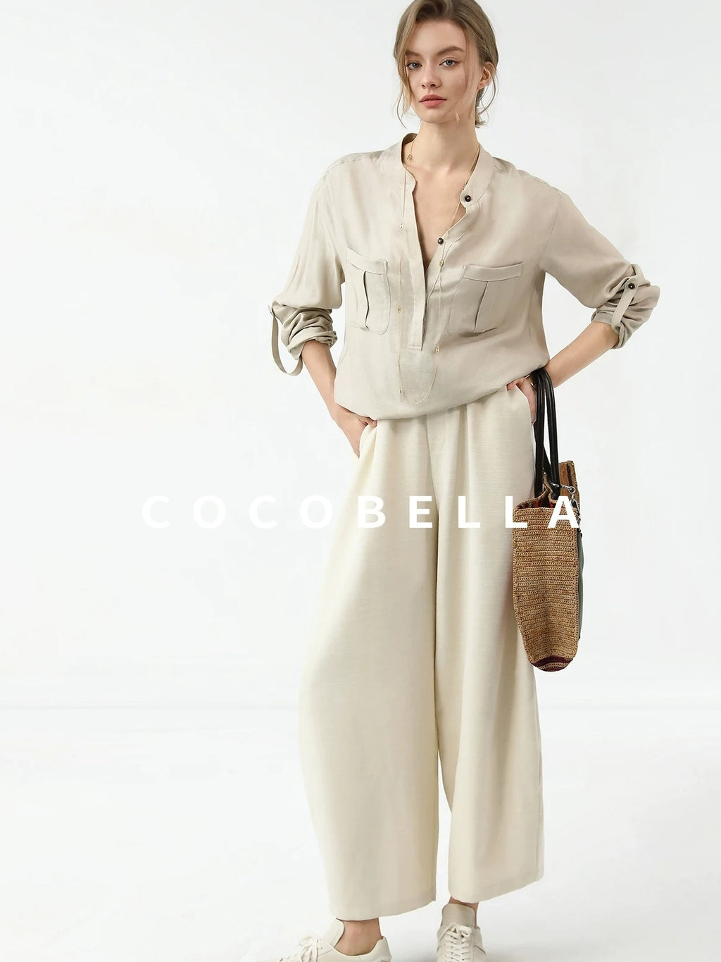 COCOBELLA Minimalist Office Natural Waist Wide Leg Loose Fit Black Almond Polyester Pants