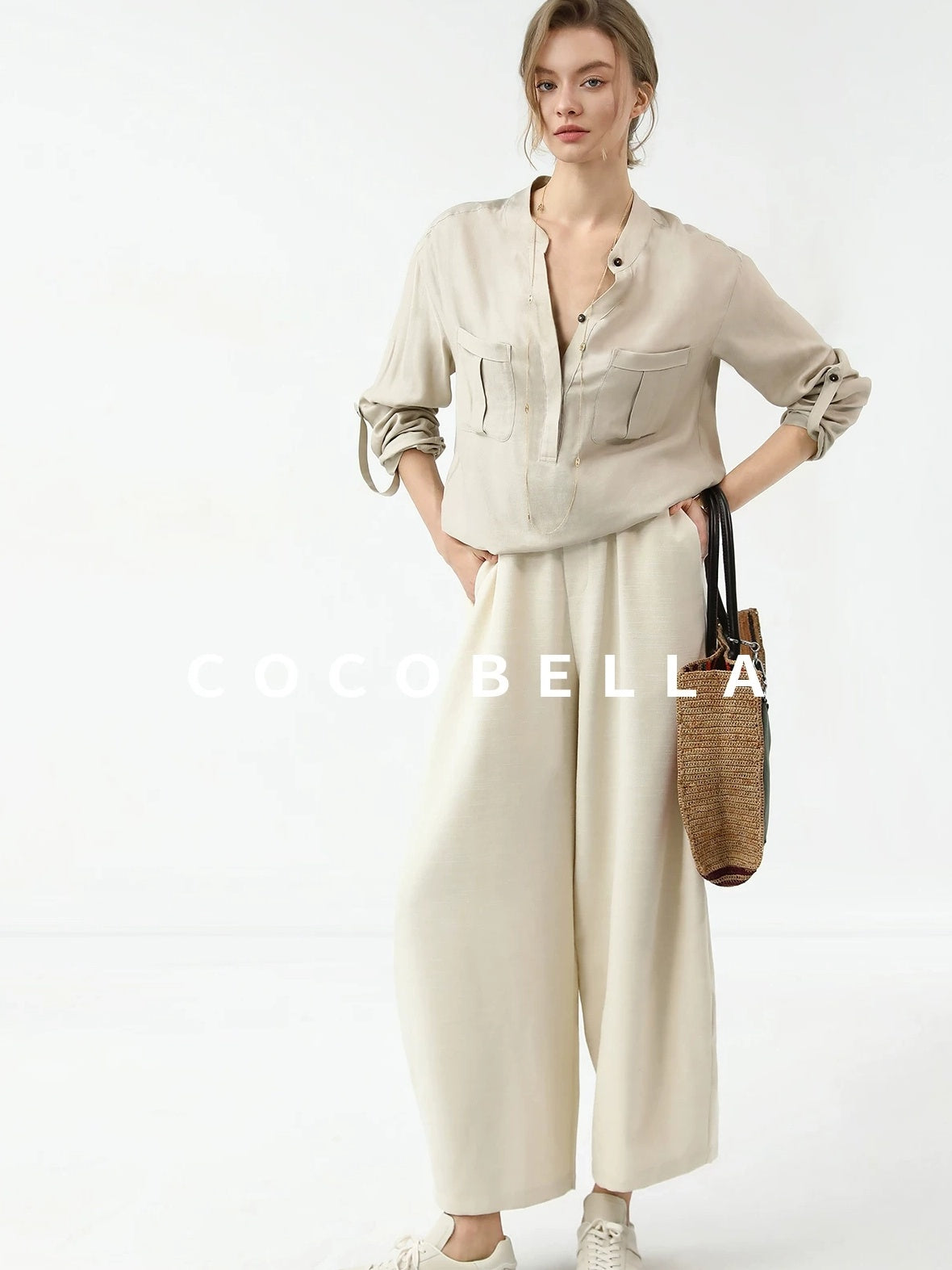 COCOBELLA Minimalist Office Natural Waist Wide Leg Loose Fit Black Almond Polyester Pants