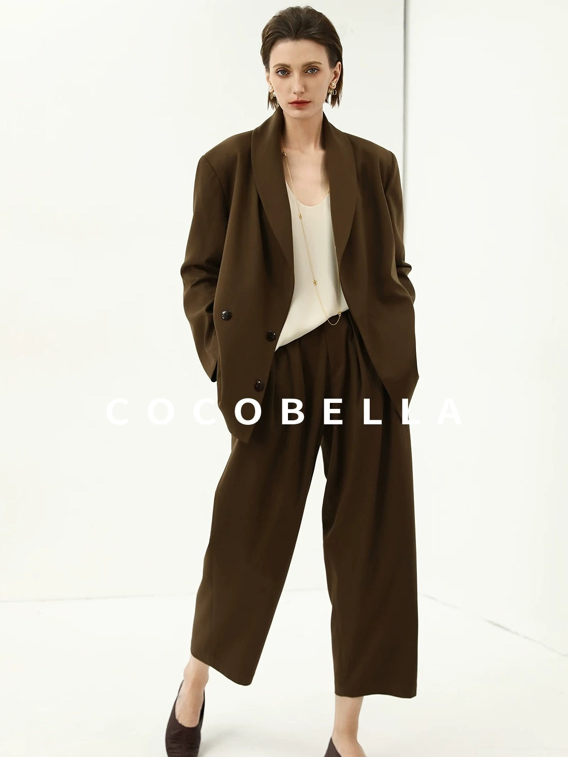 COCOBELLA Mocha Brown Straight Cut Button Pocket Office Workwear Women Regular Blazers