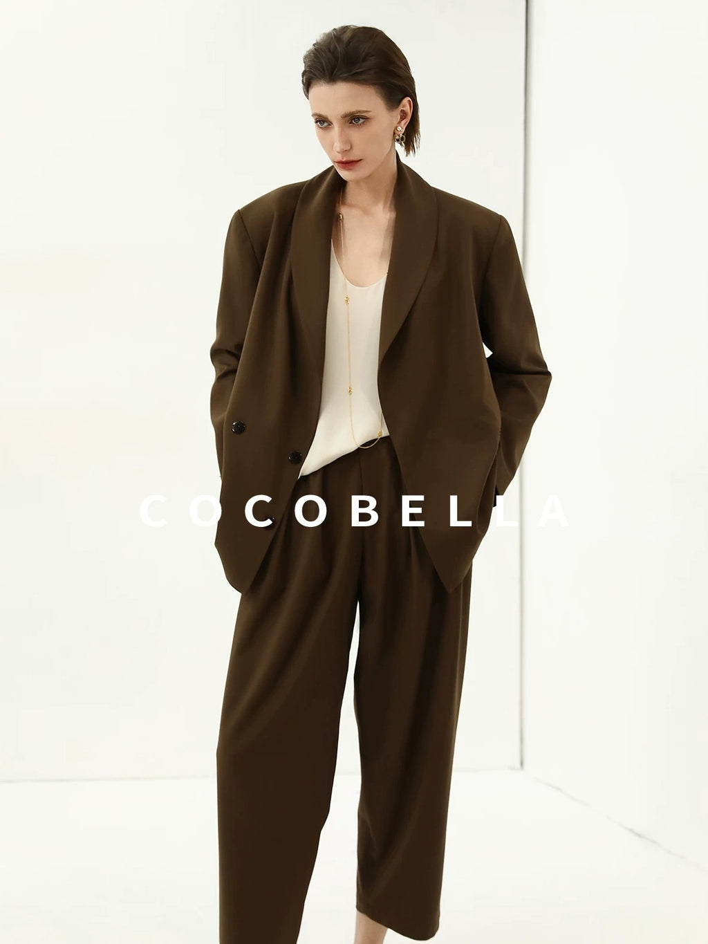 COCOBELLA Mocha Brown Straight Cut Button Pocket Office Workwear Women Regular Blazers