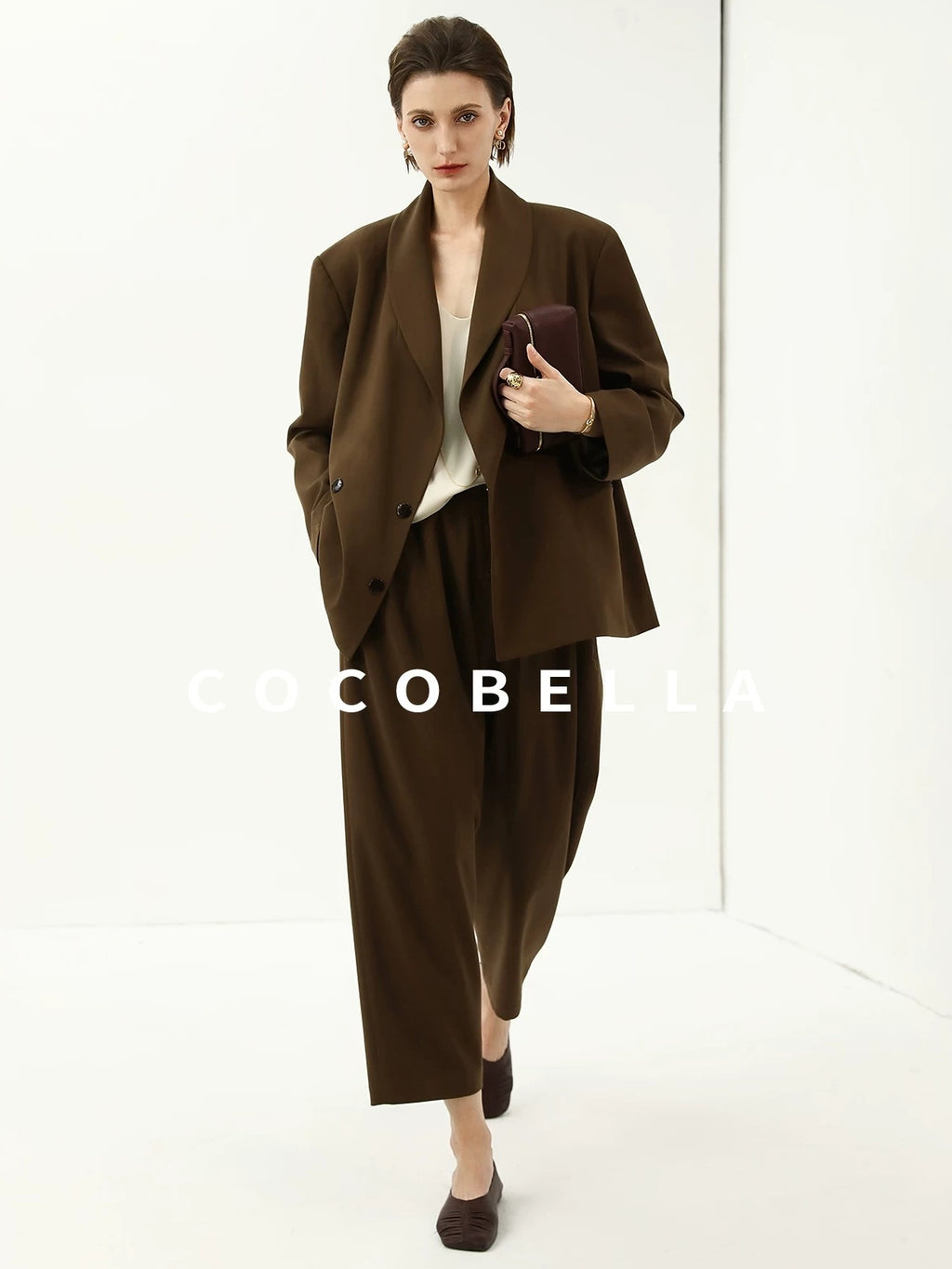 COCOBELLA Mocha Brown Straight Cut Button Pocket Office Workwear Women Regular Blazers