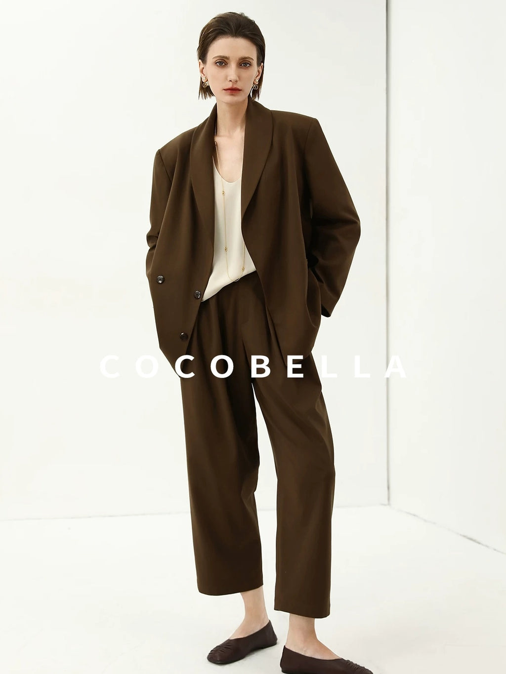COCOBELLA Mocha Brown Straight Cut Button Pocket Office Workwear Women Regular Blazers