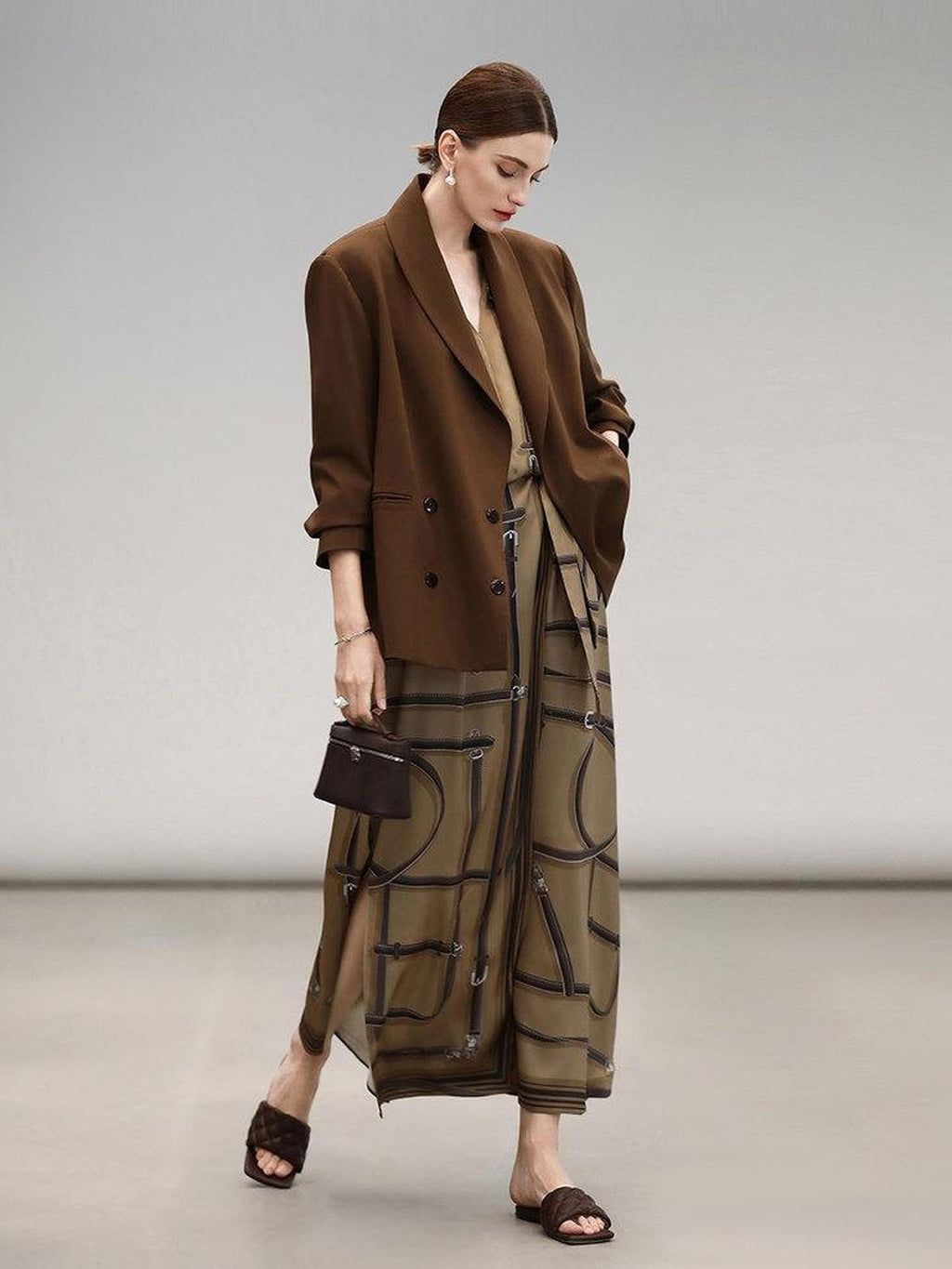 COCOBELLA Mocha Brown Straight Cut Button Pocket Office Workwear Women Regular Blazers