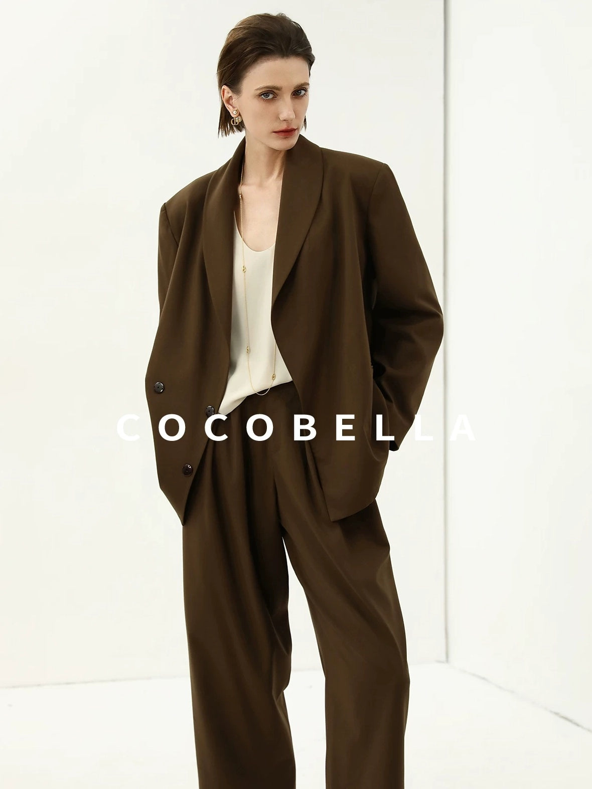 COCOBELLA Mocha Brown Straight Cut Button Pocket Office Workwear Women Regular Blazers