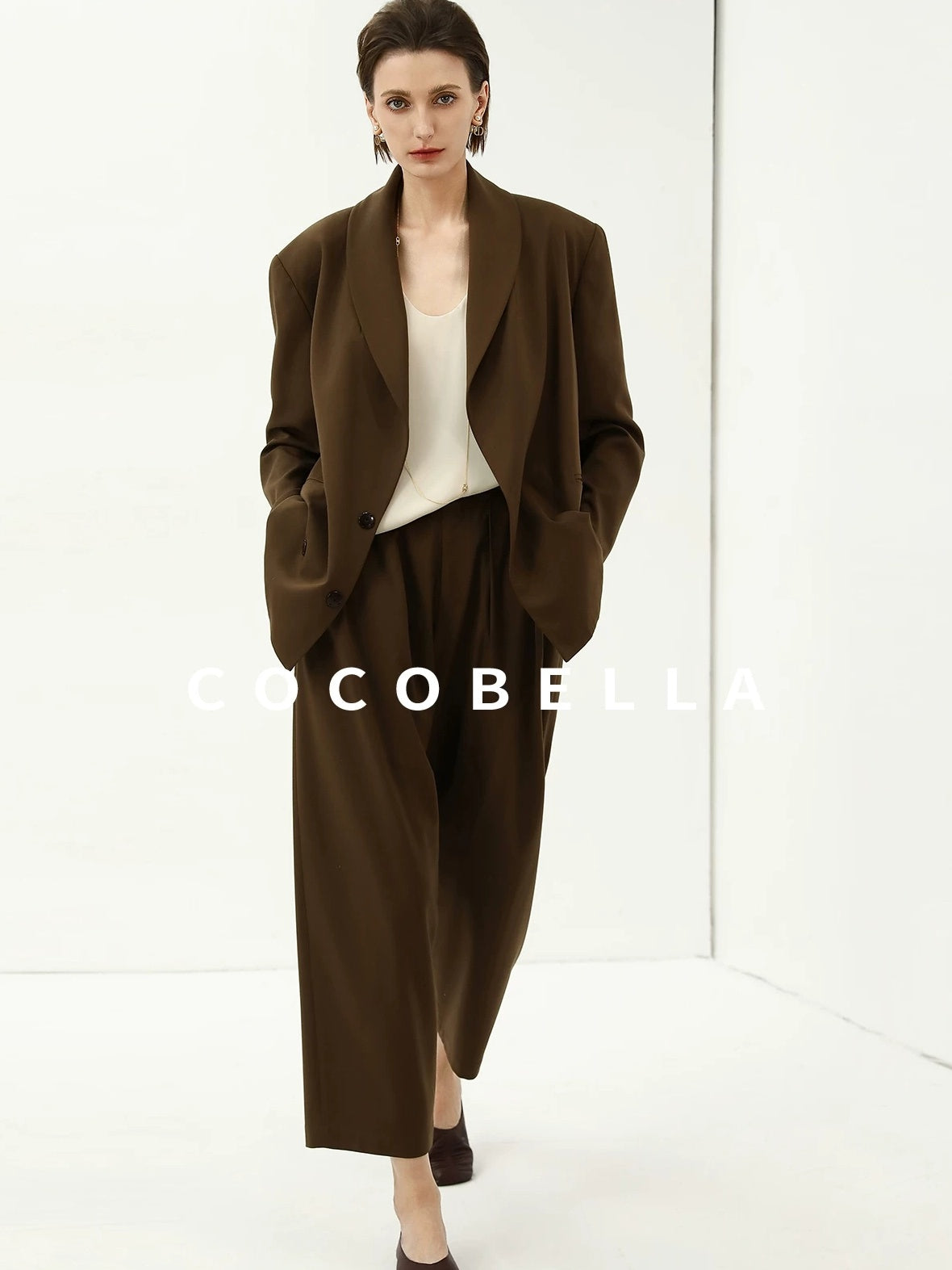 COCOBELLA Mocha Brown Straight Cut Button Pocket Office Workwear Women Regular Blazers