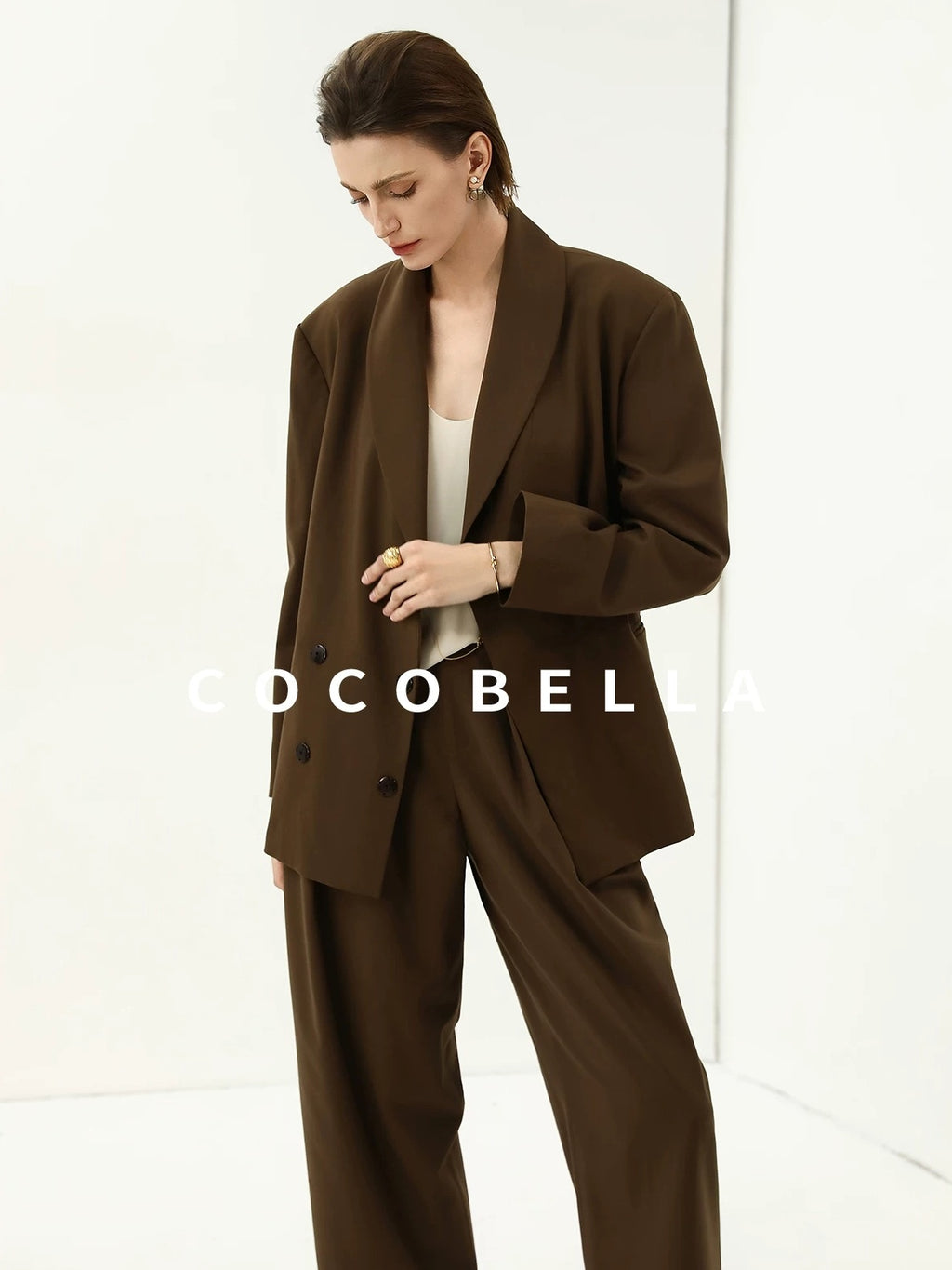 COCOBELLA Mocha Brown Straight Cut Button Pocket Office Workwear Women Regular Blazers