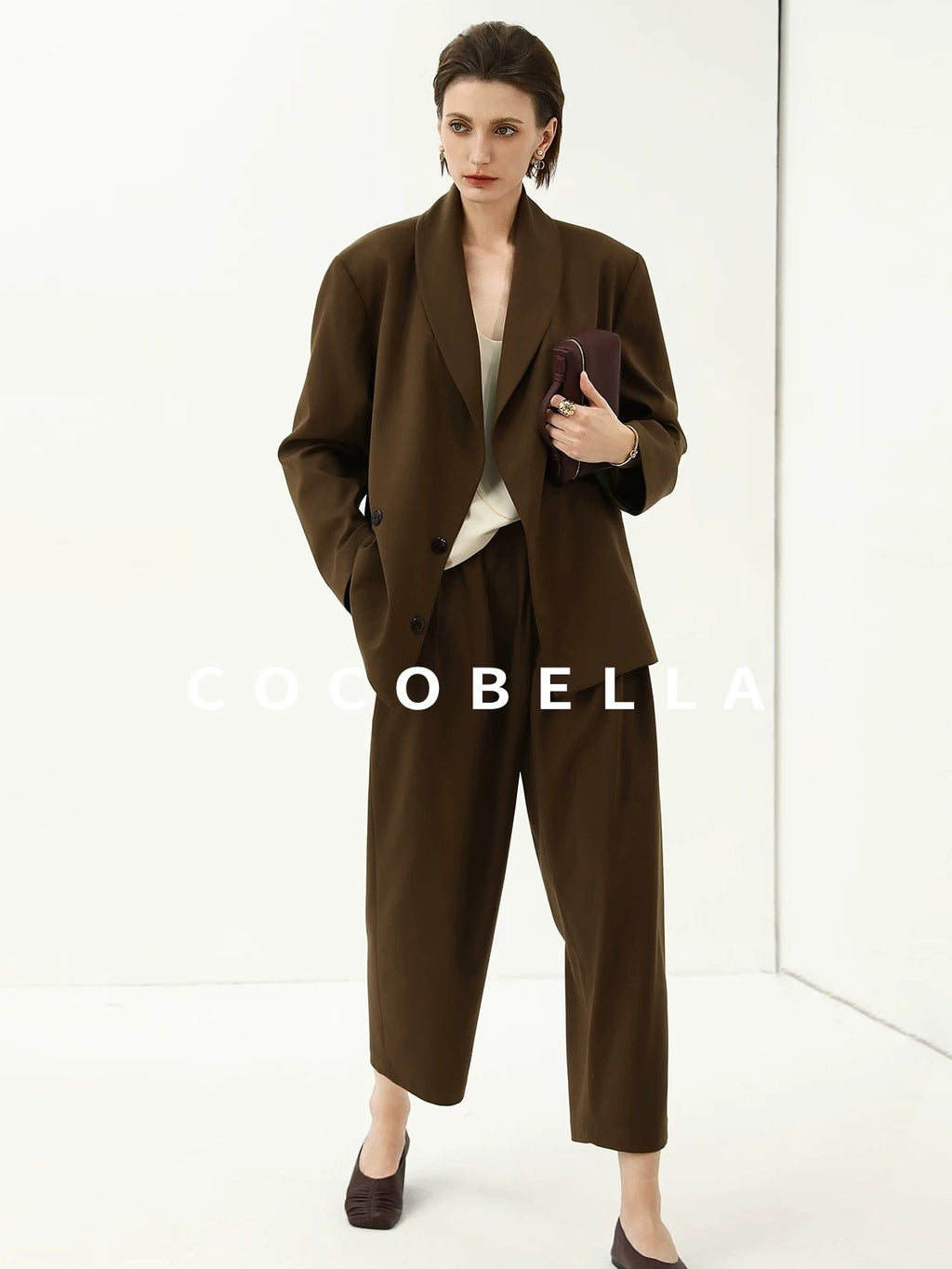 COCOBELLA Mocha Brown Straight Cut Button Pocket Office Workwear Women Regular Blazers