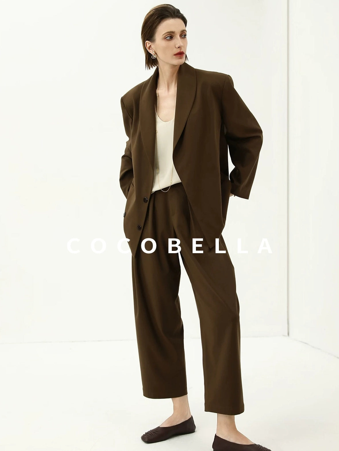 COCOBELLA Mocha Brown Straight Cut Button Pocket Office Workwear Women Regular Blazers