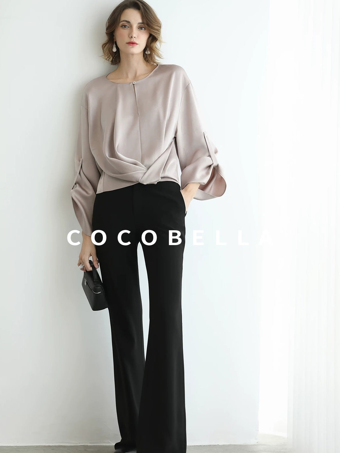 COCOBELLA Monet Pink Relaxed Button Flare Long Sleeve Office Crew Solid Pullover T-Shirts