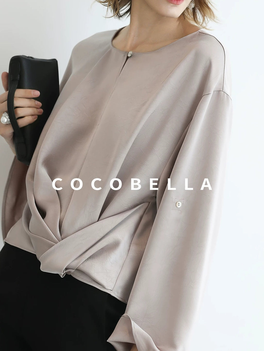 COCOBELLA Monet Pink Relaxed Button Flare Long Sleeve Office Crew Solid Pullover T-Shirts