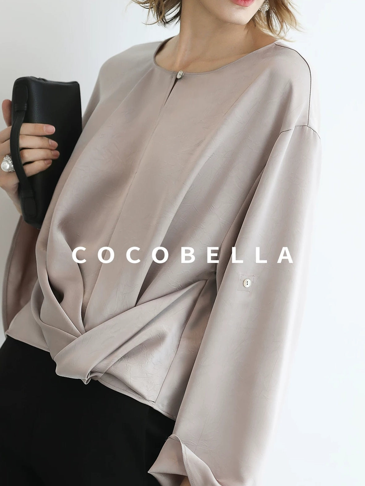 COCOBELLA Monet Pink Relaxed Button Flare Long Sleeve Office Crew Solid Pullover T-Shirts